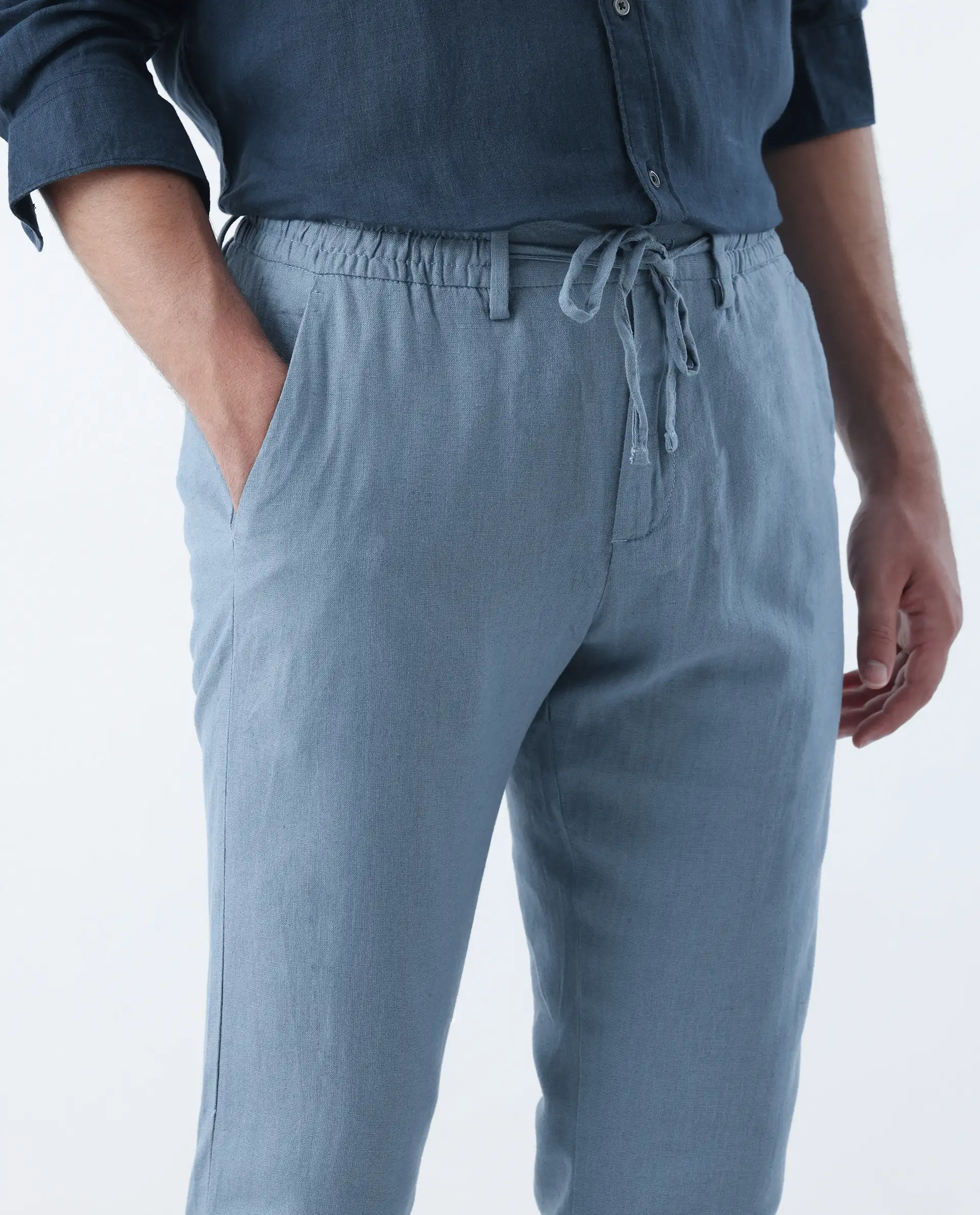 Rare Rabbit Men's Linac Dusky Blue 100% Linen Plain Regular Fit Trouser - Image 2