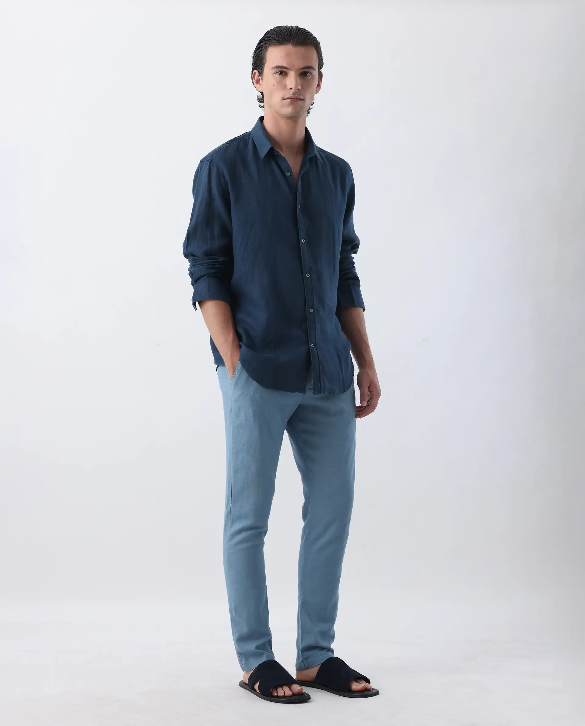 Rare Rabbit Men's Linac Dusky Blue 100% Linen Plain Regular Fit Trouser - Image 3