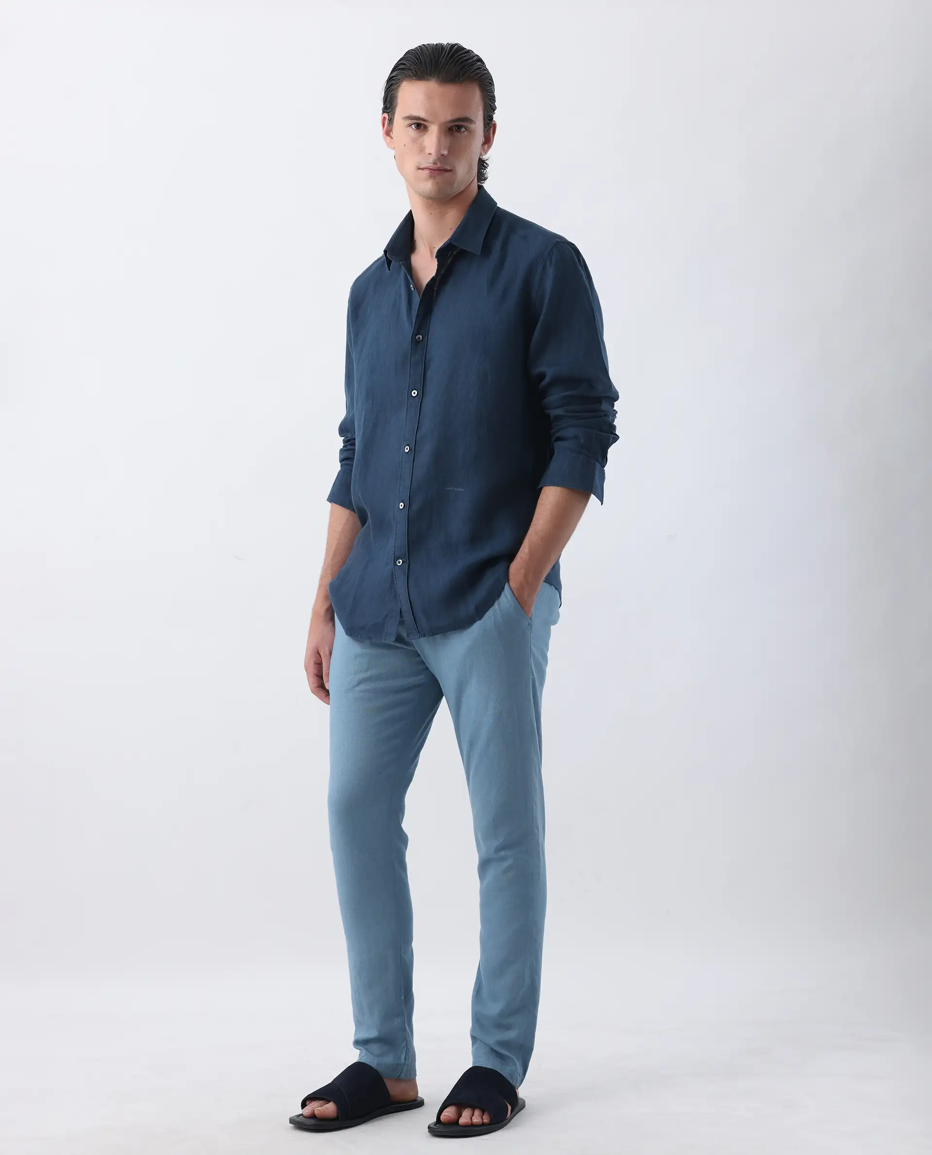 Rare Rabbit Men's Linac Dusky Blue 100% Linen Plain Regular Fit Trouser - Image 5
