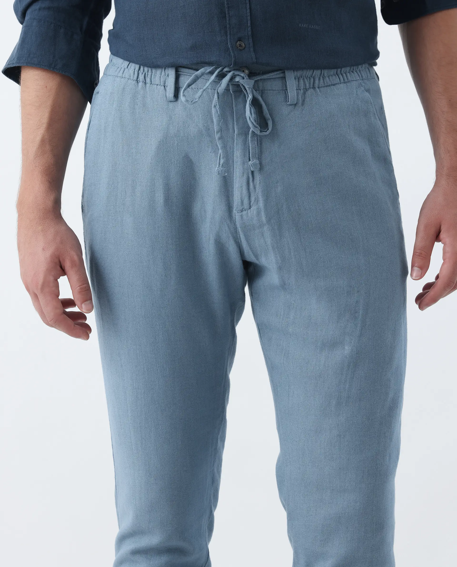 Rare Rabbit Men's Linac Dusky Blue 100% Linen Plain Regular Fit Trouser - Image 6