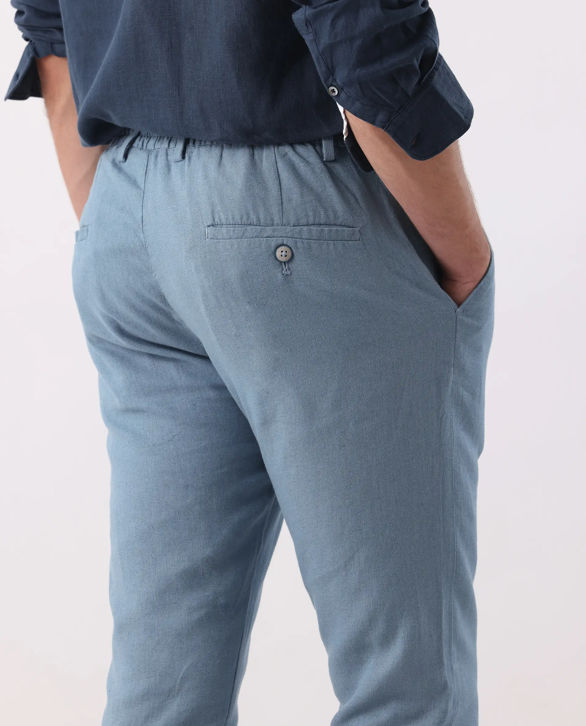 Rare Rabbit Men's Linac Dusky Blue 100% Linen Plain Regular Fit Trouser - Image 7