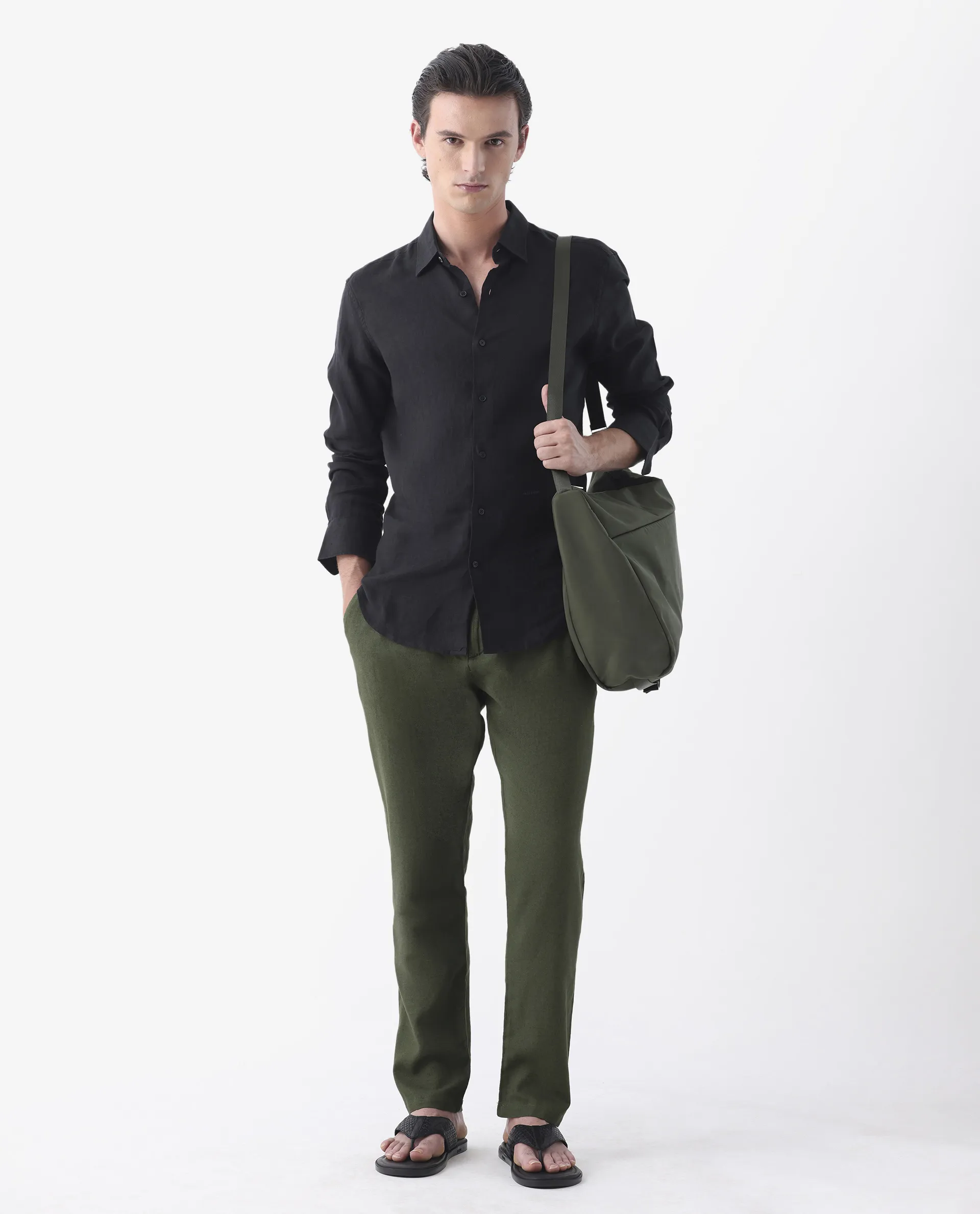 Rare Rabbit Men's Linac Olive 100% Linen Plain Regular Fit Trouser