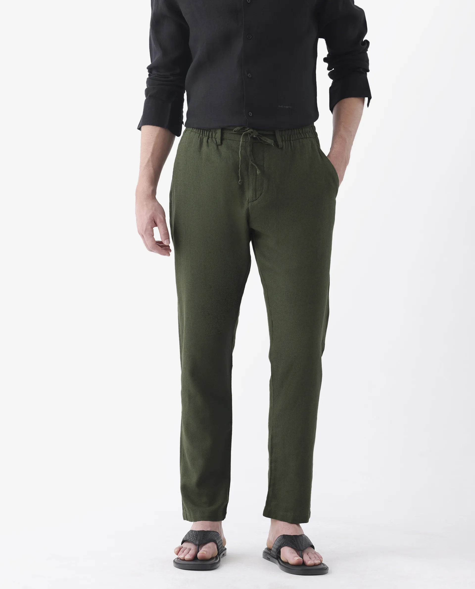 Rare Rabbit Men's Linac Olive 100% Linen Plain Regular Fit Trouser - Image 2
