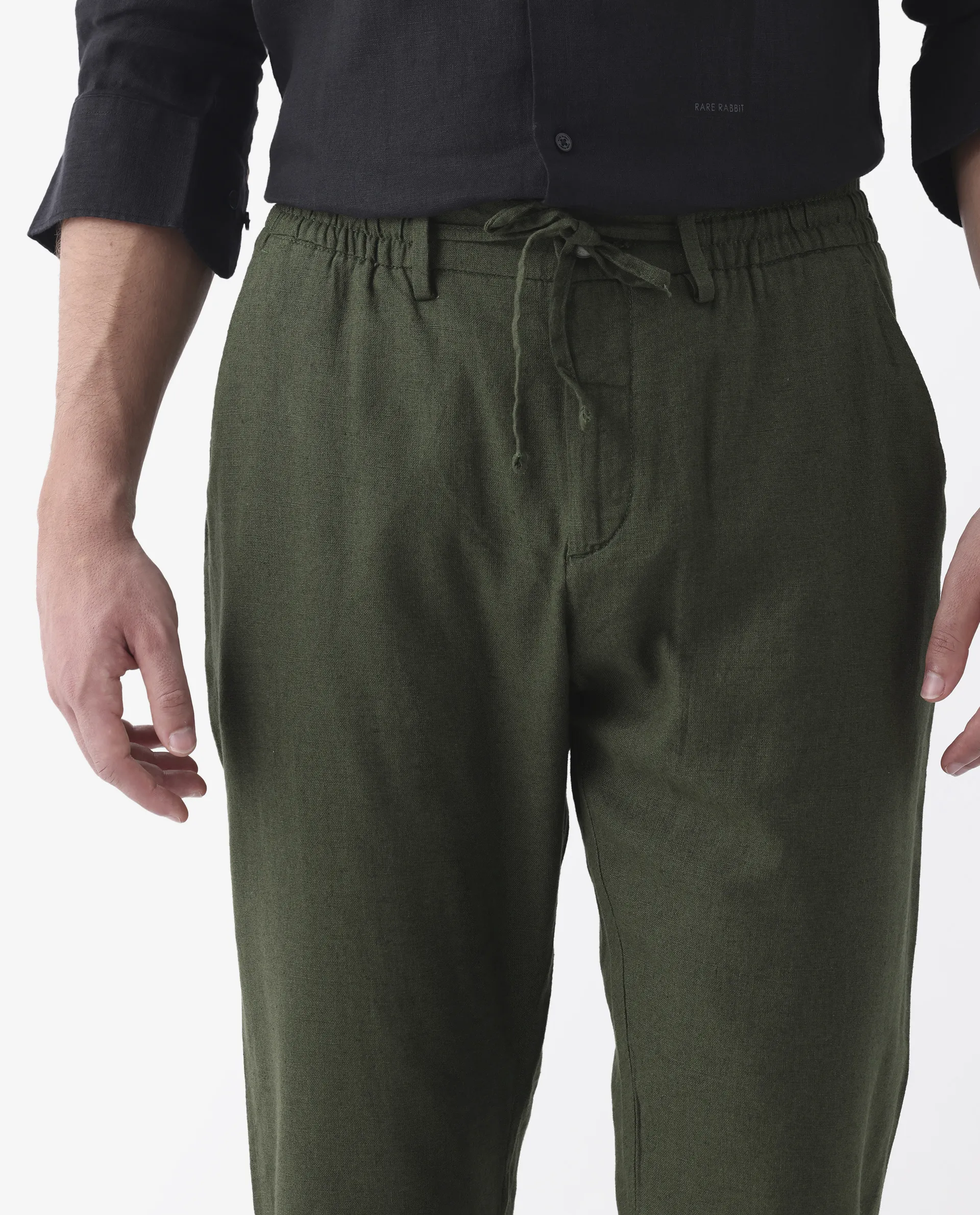 Rare Rabbit Men's Linac Olive 100% Linen Plain Regular Fit Trouser - Image 3