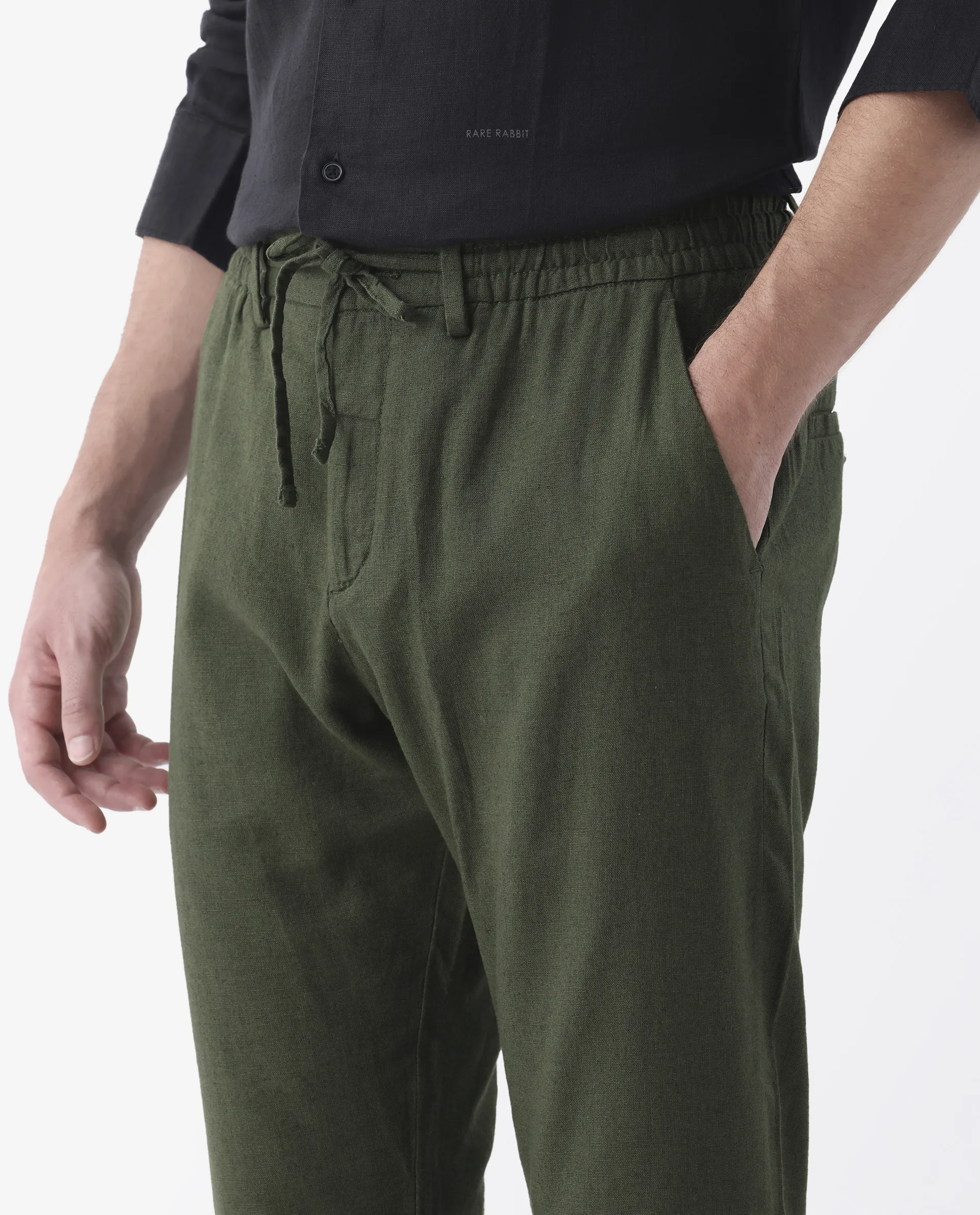 Rare Rabbit Men's Linac Olive 100% Linen Plain Regular Fit Trouser - Image 4
