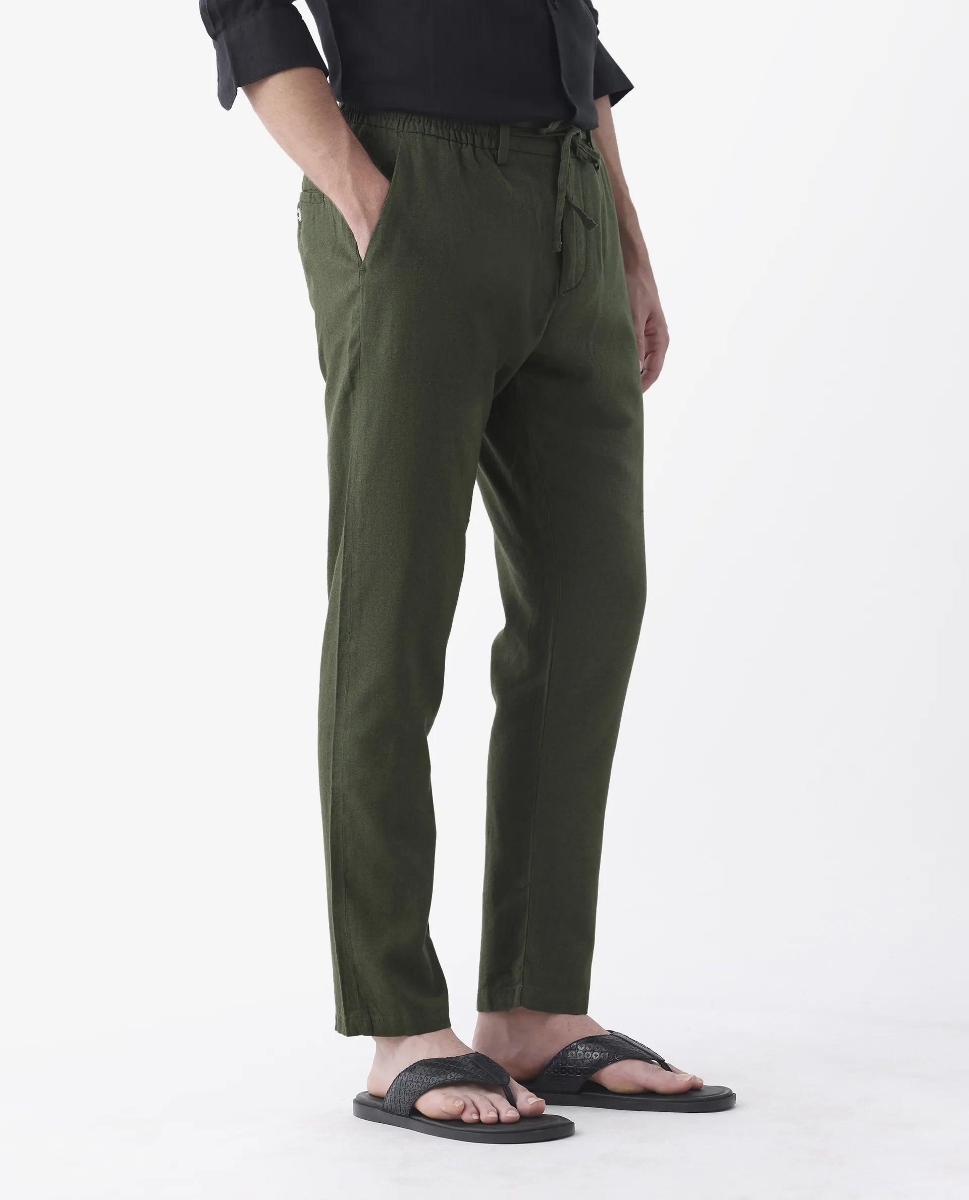 Rare Rabbit Men's Linac Olive 100% Linen Plain Regular Fit Trouser - Image 5