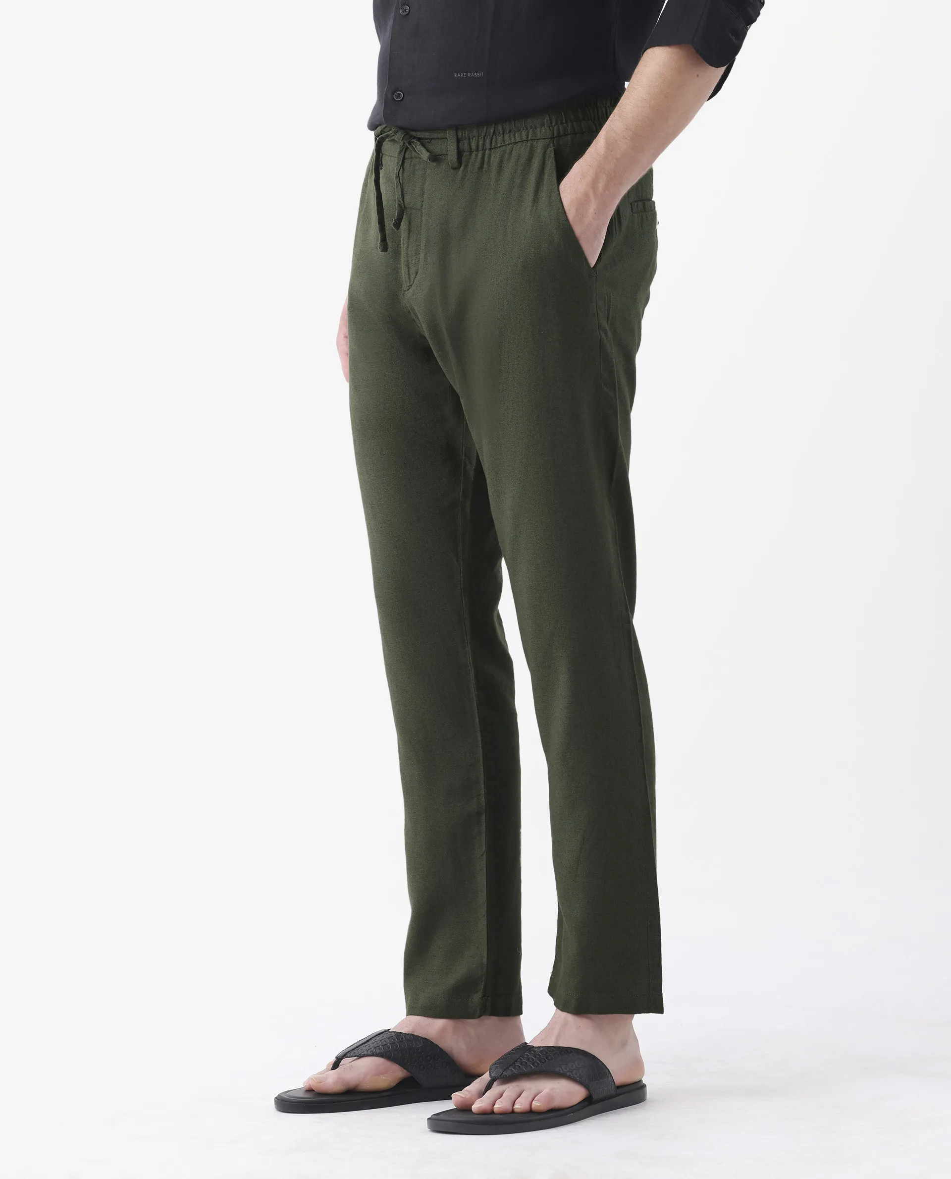 Rare Rabbit Men's Linac Olive 100% Linen Plain Regular Fit Trouser - Image 6