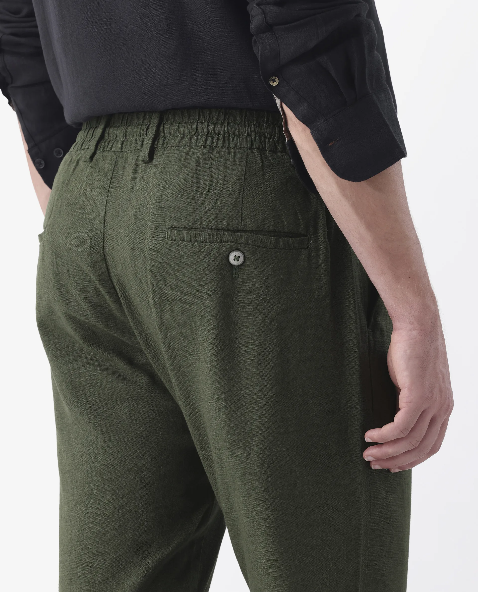 Rare Rabbit Men's Linac Olive 100% Linen Plain Regular Fit Trouser - Image 7