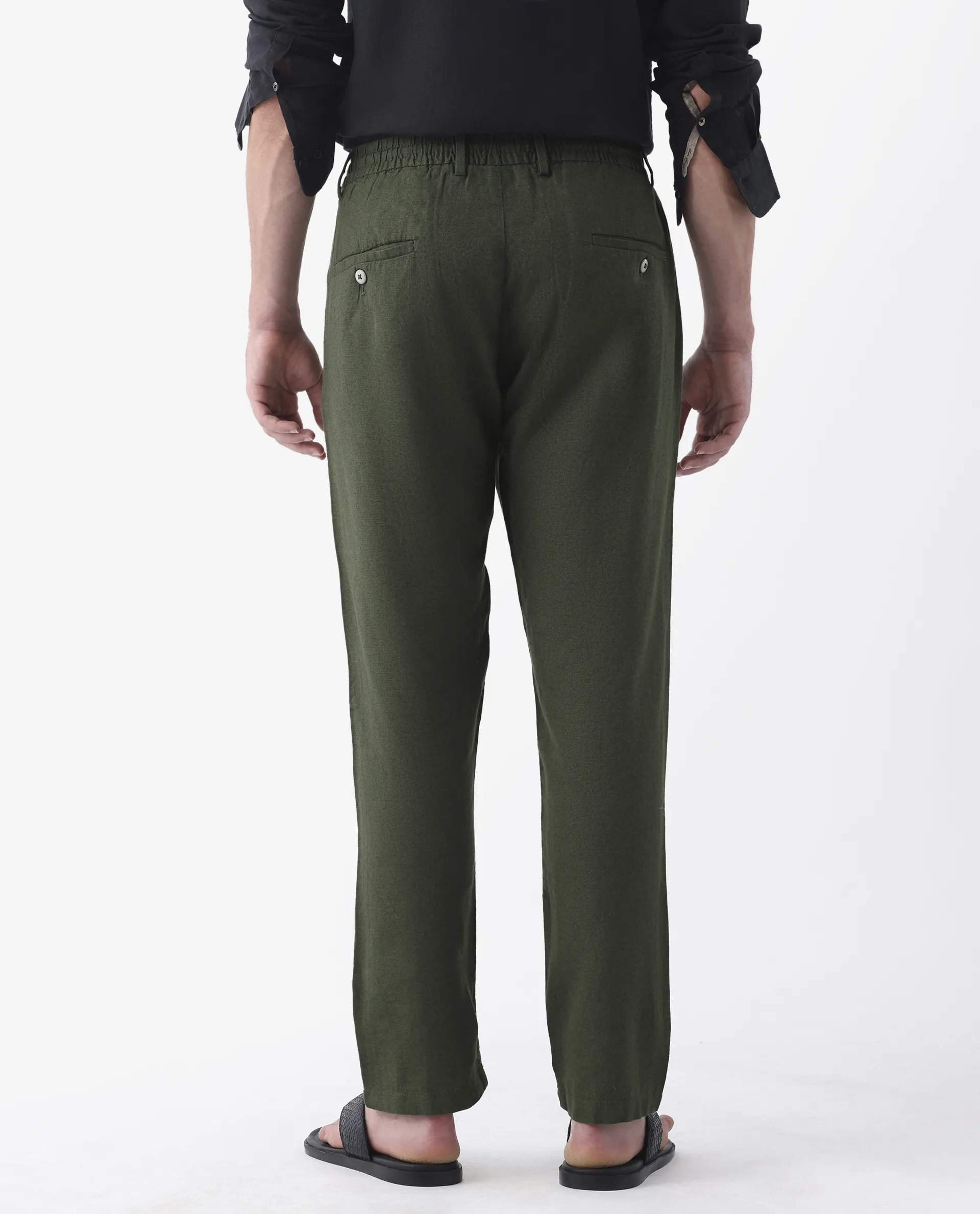 Rare Rabbit Men's Linac Olive 100% Linen Plain Regular Fit Trouser - Image 8