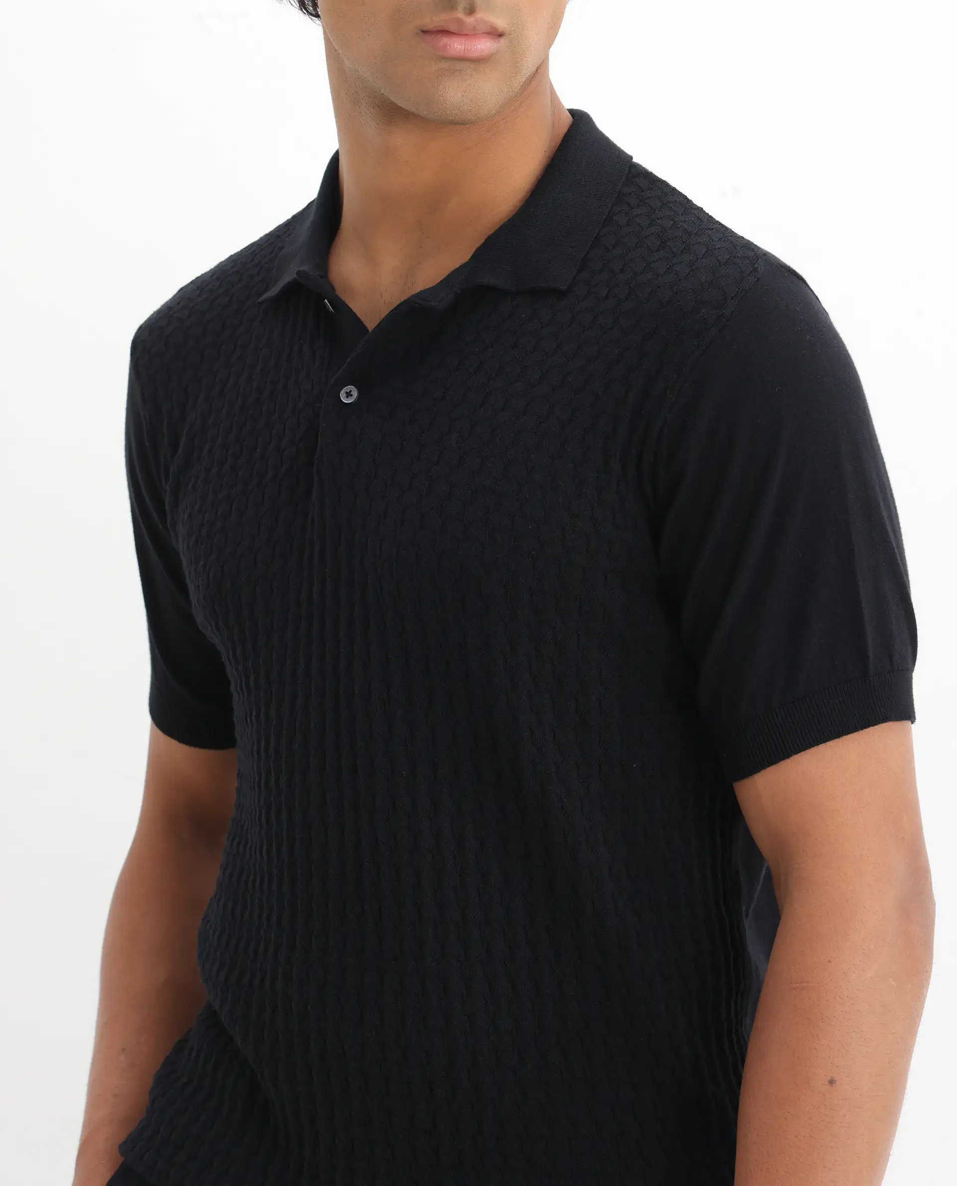 Rare Rabbit Men's Linco Black Cotton Plain Slim Fit Half Sleeve Polo - Image 5