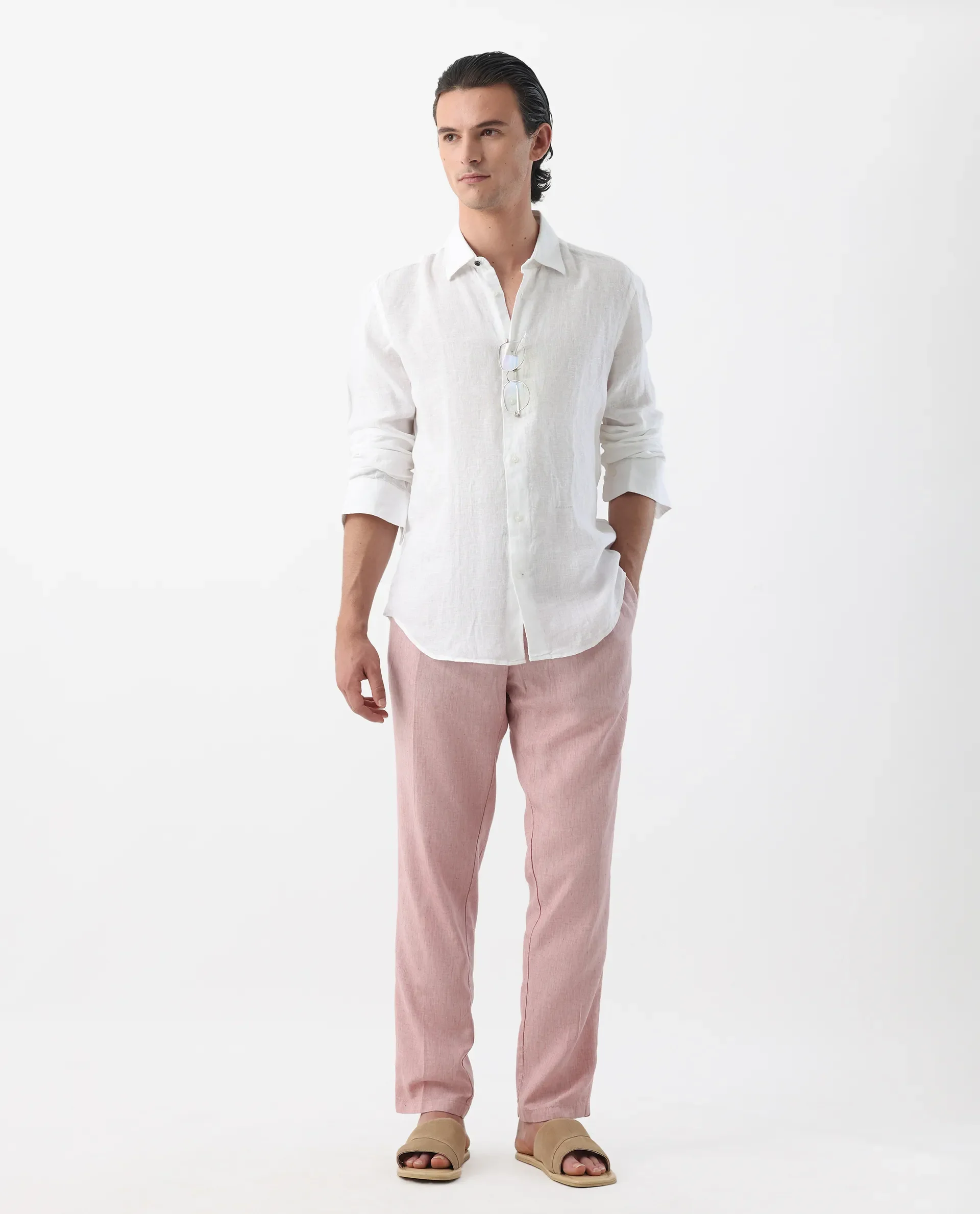 Rare Rabbit Men's Lincon Pink 100% Linen Tapered Fit Trouser