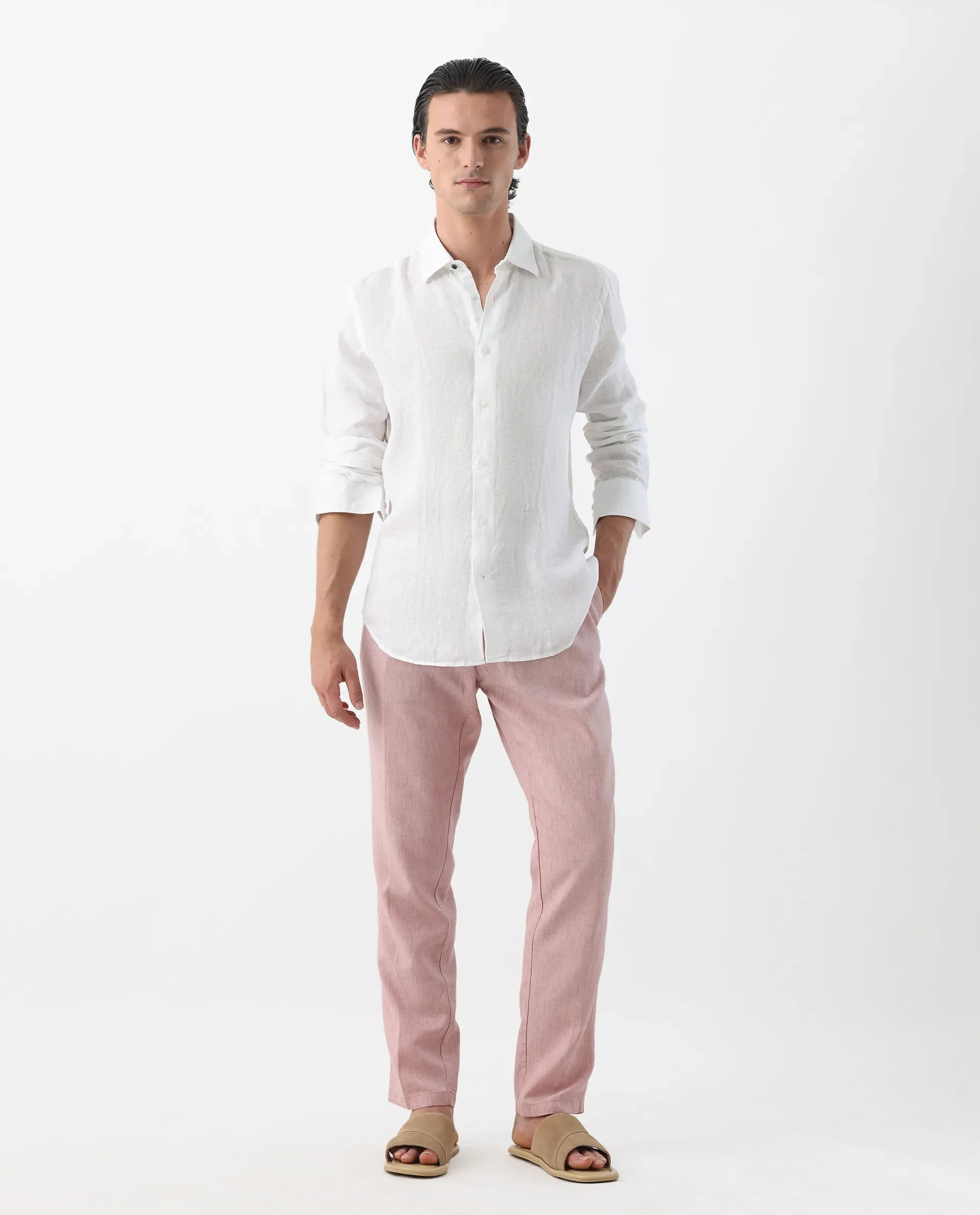 Rare Rabbit Men's Lincon Pink 100% Linen Tapered Fit Trouser - Image 3