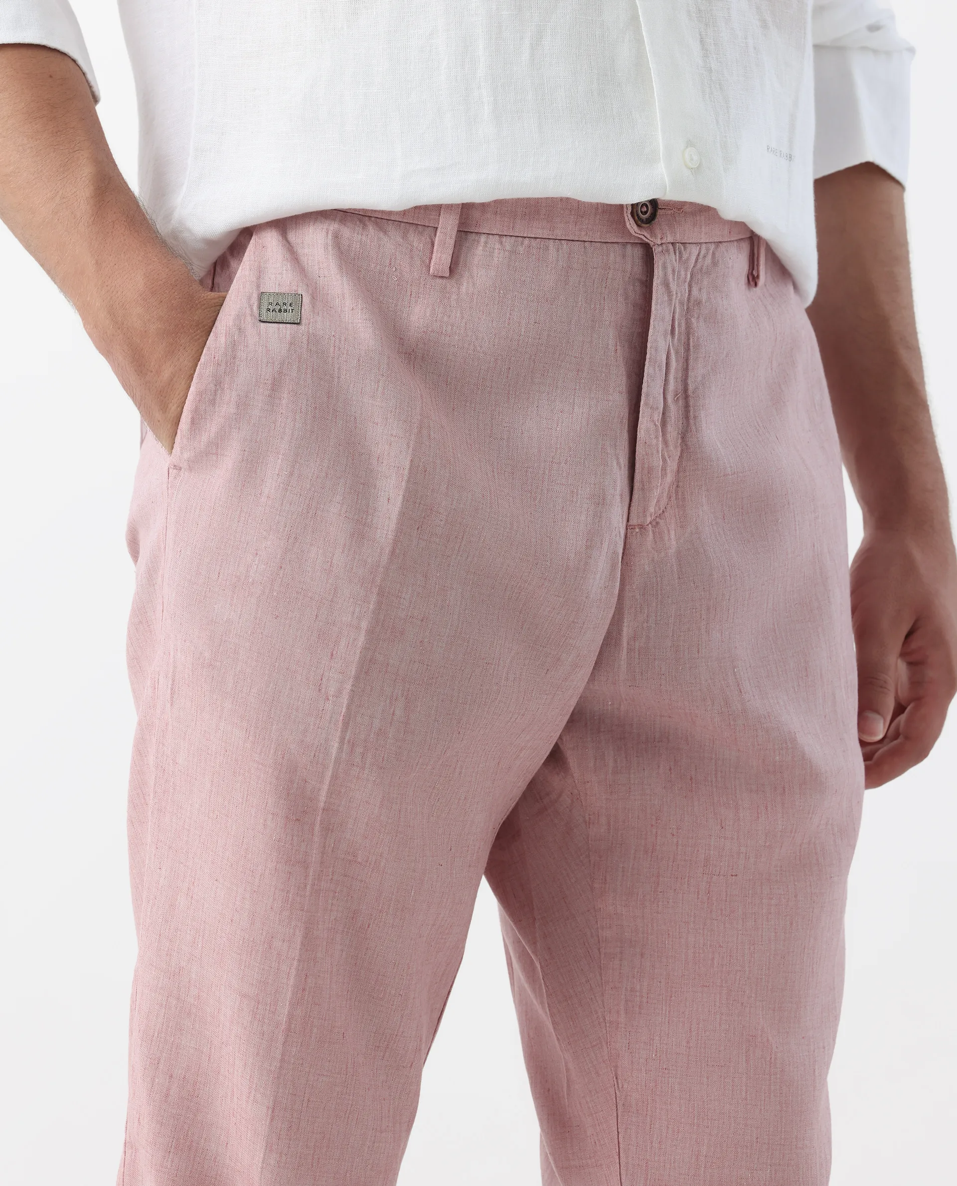 Rare Rabbit Men's Lincon Pink 100% Linen Tapered Fit Trouser - Image 4