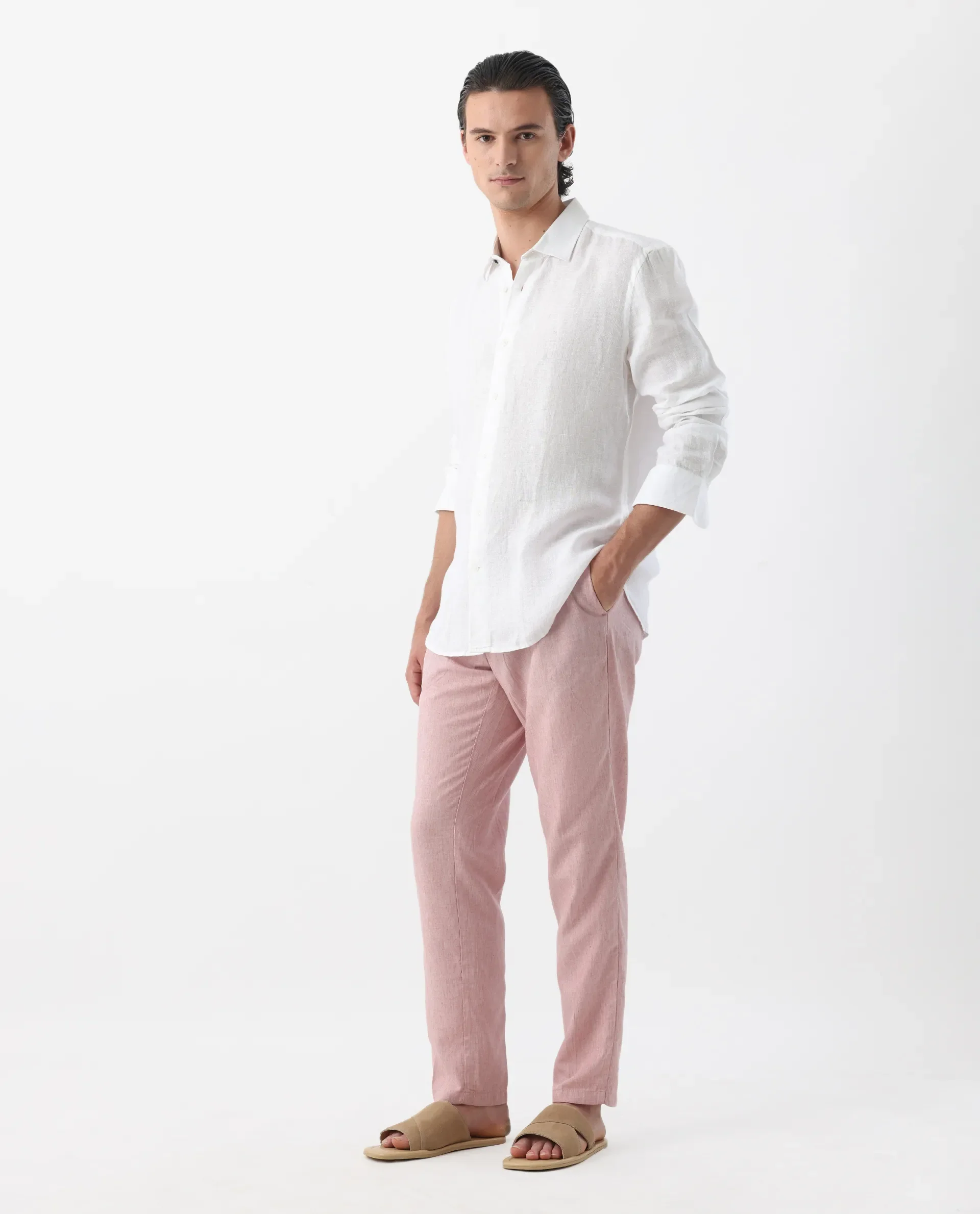 Rare Rabbit Men's Lincon Pink 100% Linen Tapered Fit Trouser - Image 6