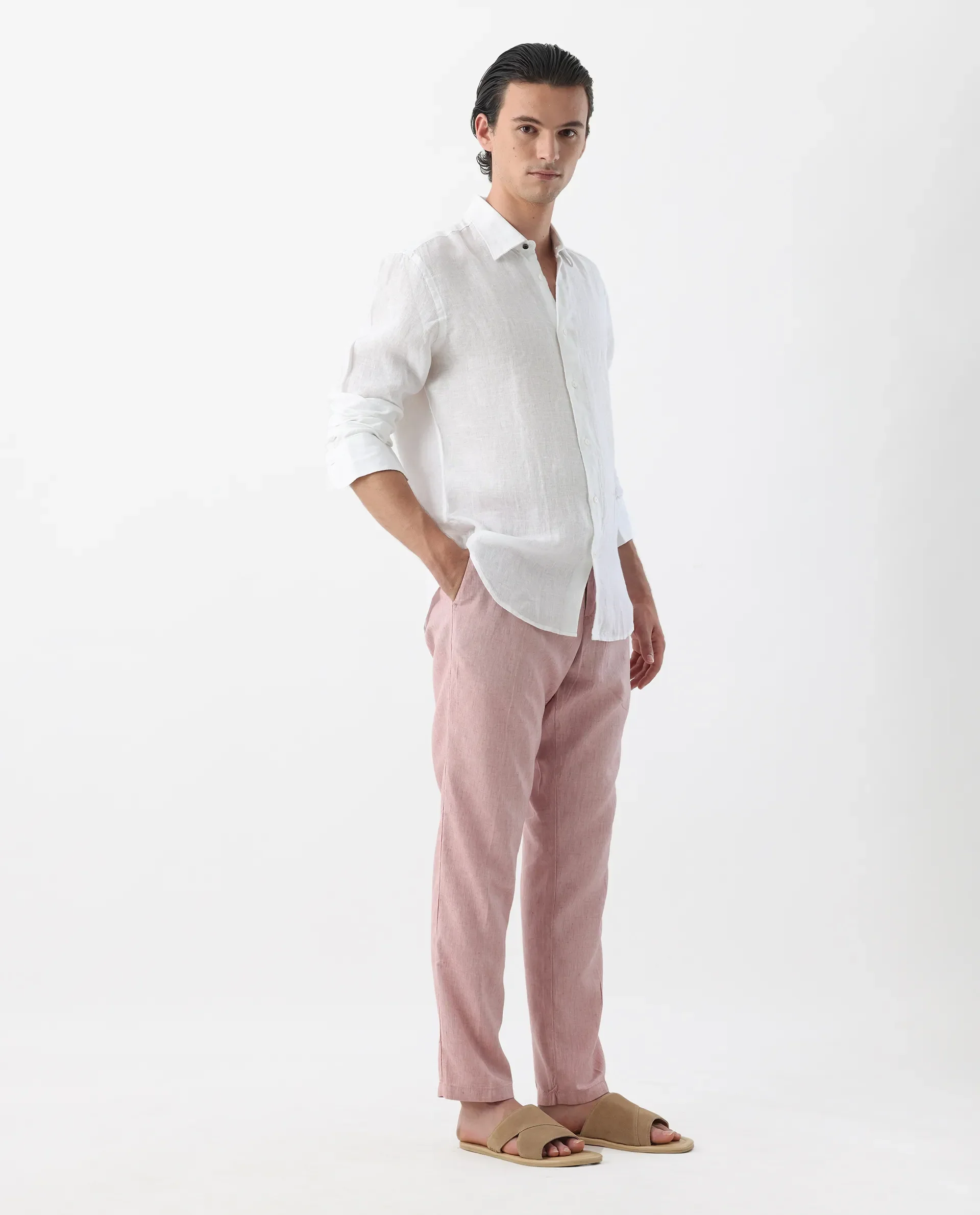 Rare Rabbit Men's Lincon Pink 100% Linen Tapered Fit Trouser - Image 7