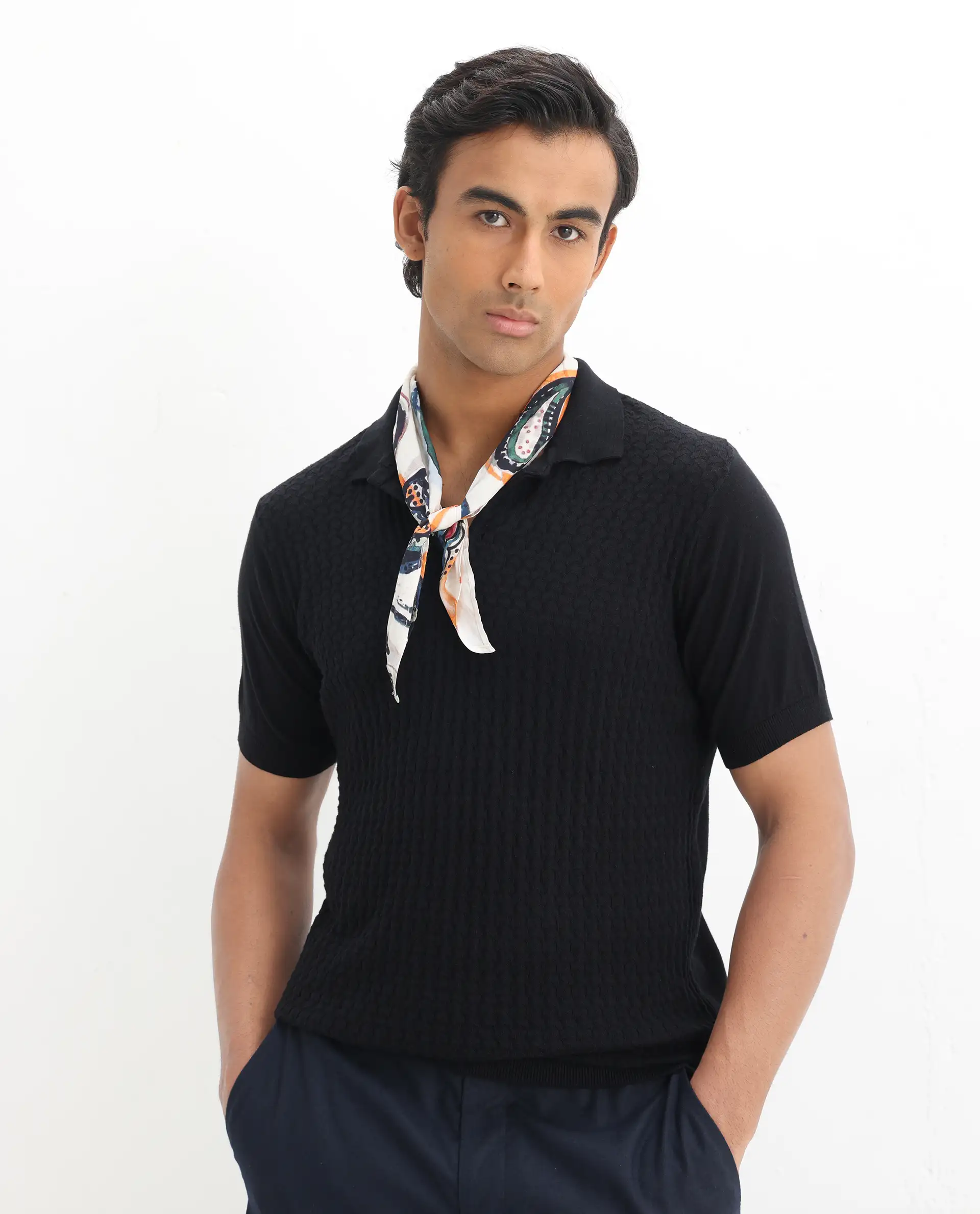Rare Rabbit Men's Lincos Black Cotton Jacquard Slim Fit Half Sleeve Polo