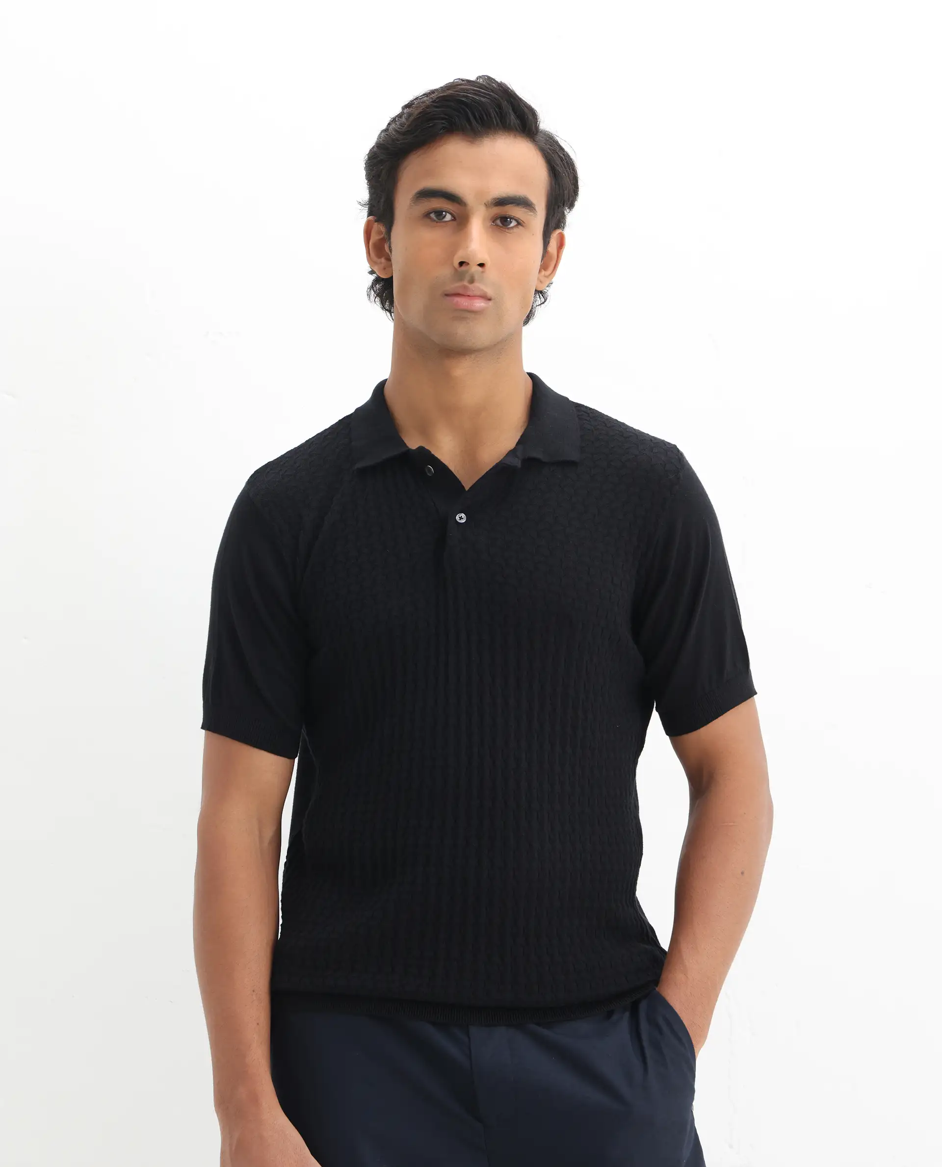 Rare Rabbit Men's Lincos Black Cotton Jacquard Slim Fit Half Sleeve Polo - Image 4