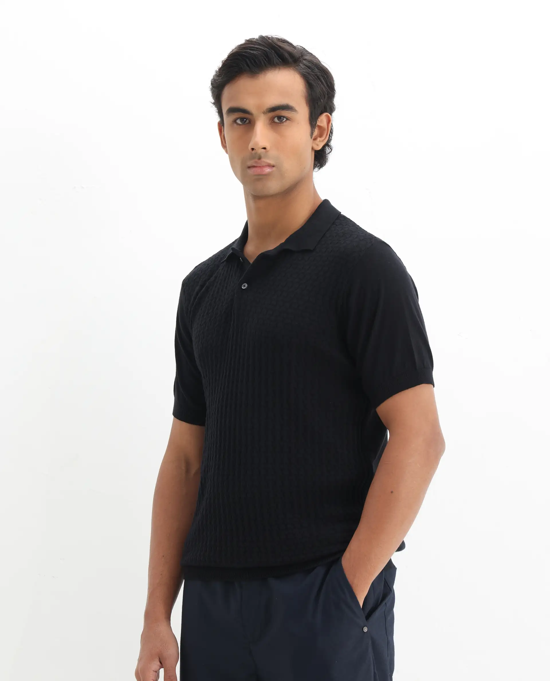 Rare Rabbit Men's Lincos Black Cotton Jacquard Slim Fit Half Sleeve Polo - Image 5
