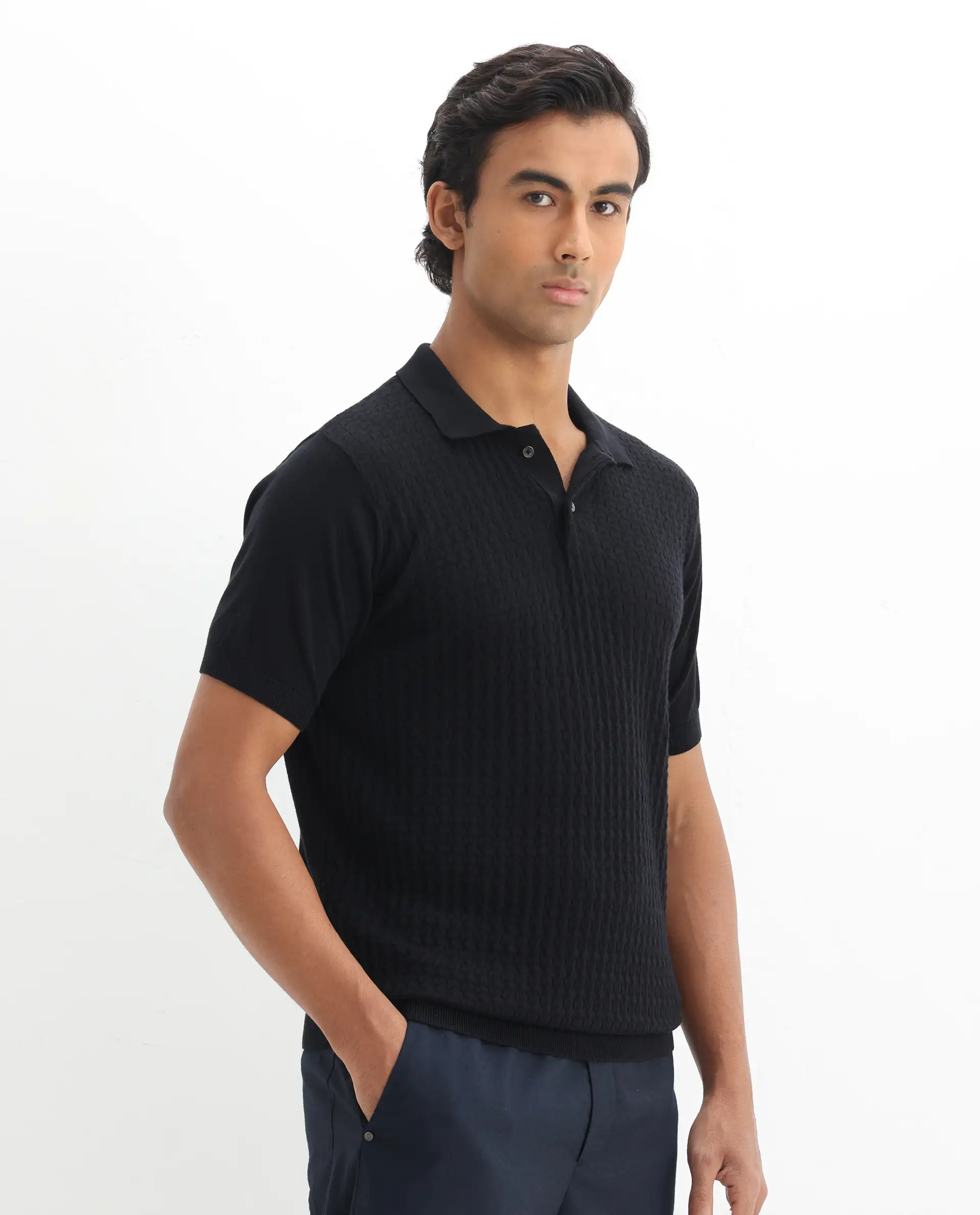 Rare Rabbit Men's Lincos Black Cotton Jacquard Slim Fit Half Sleeve Polo - Image 6