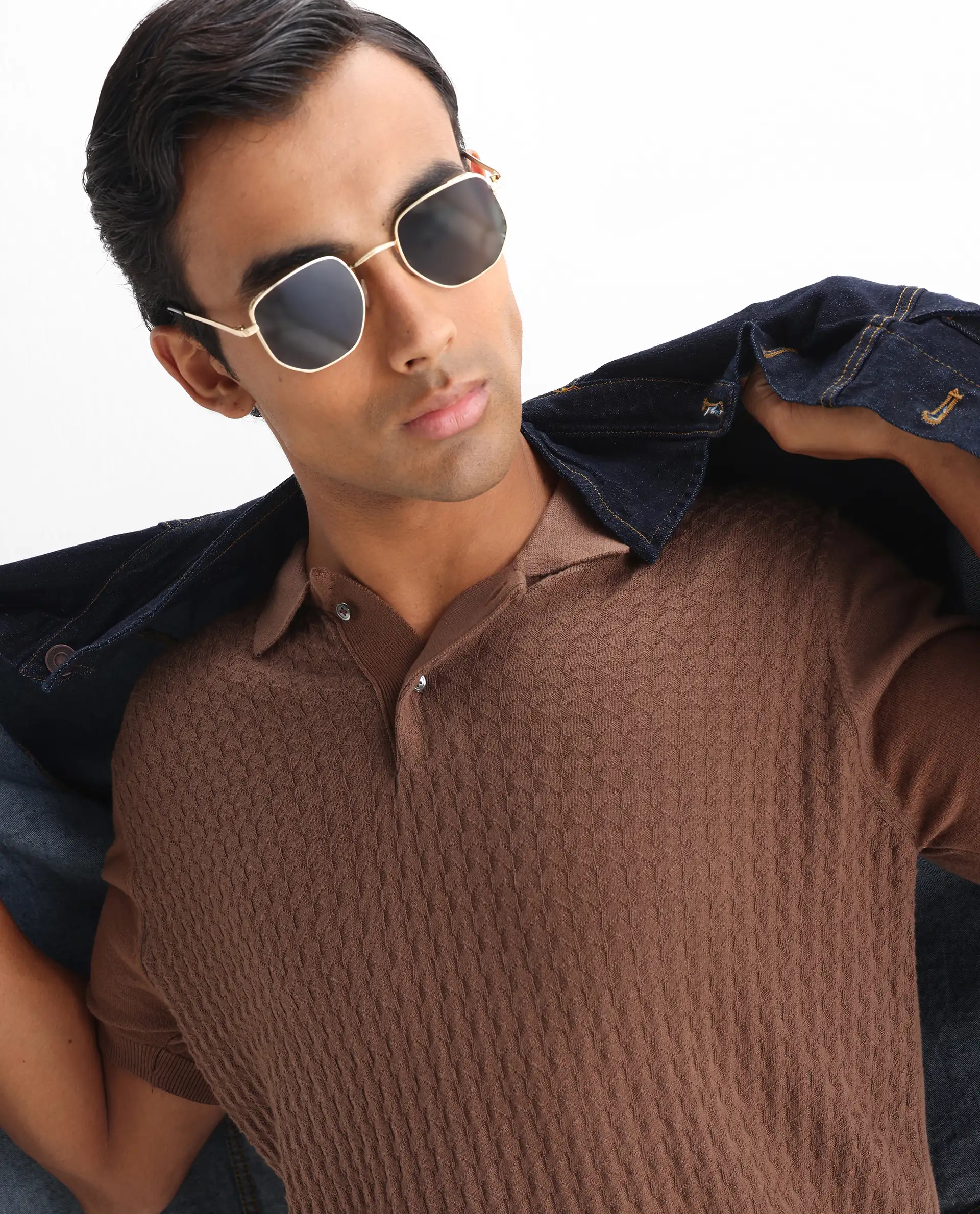 Rare Rabbit Men's Linco Brown Cotton Jacquard Slim Fit Half Sleeve Polo
