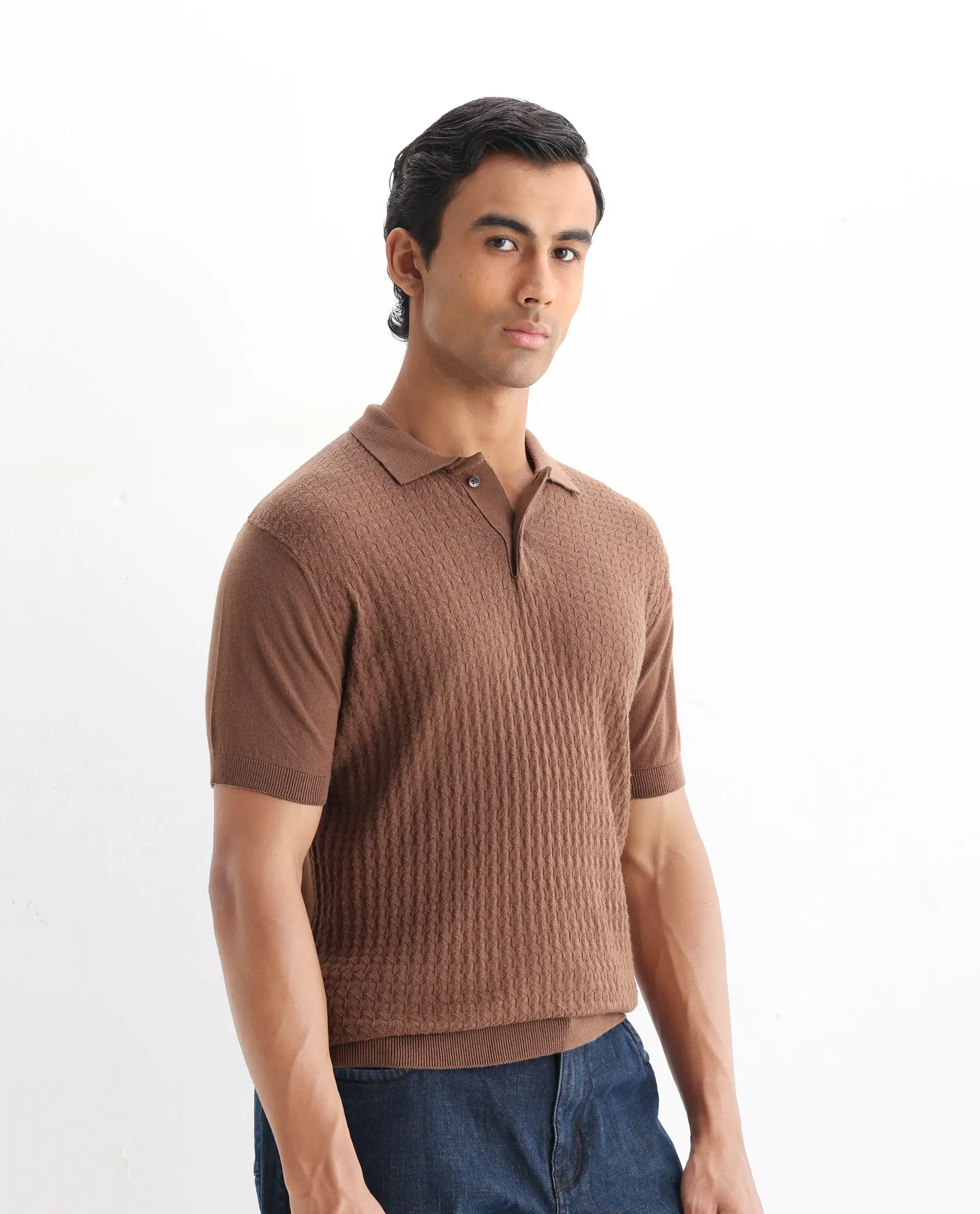 Rare Rabbit Men's Linco Brown Cotton Jacquard Slim Fit Half Sleeve Polo - Image 6