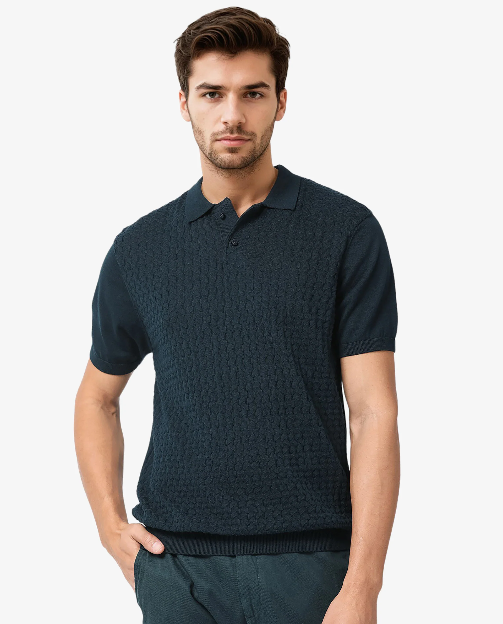 Rare Rabbit Men's Lincos Petrol Cotton Jacquard Slim Fit Half Sleeve Polo