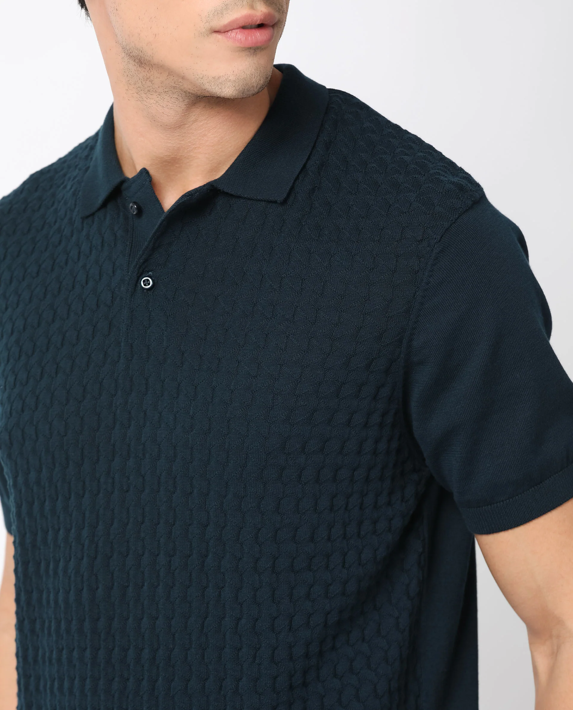 Rare Rabbit Men's Lincos Petrol Cotton Jacquard Slim Fit Half Sleeve Polo - Image 10