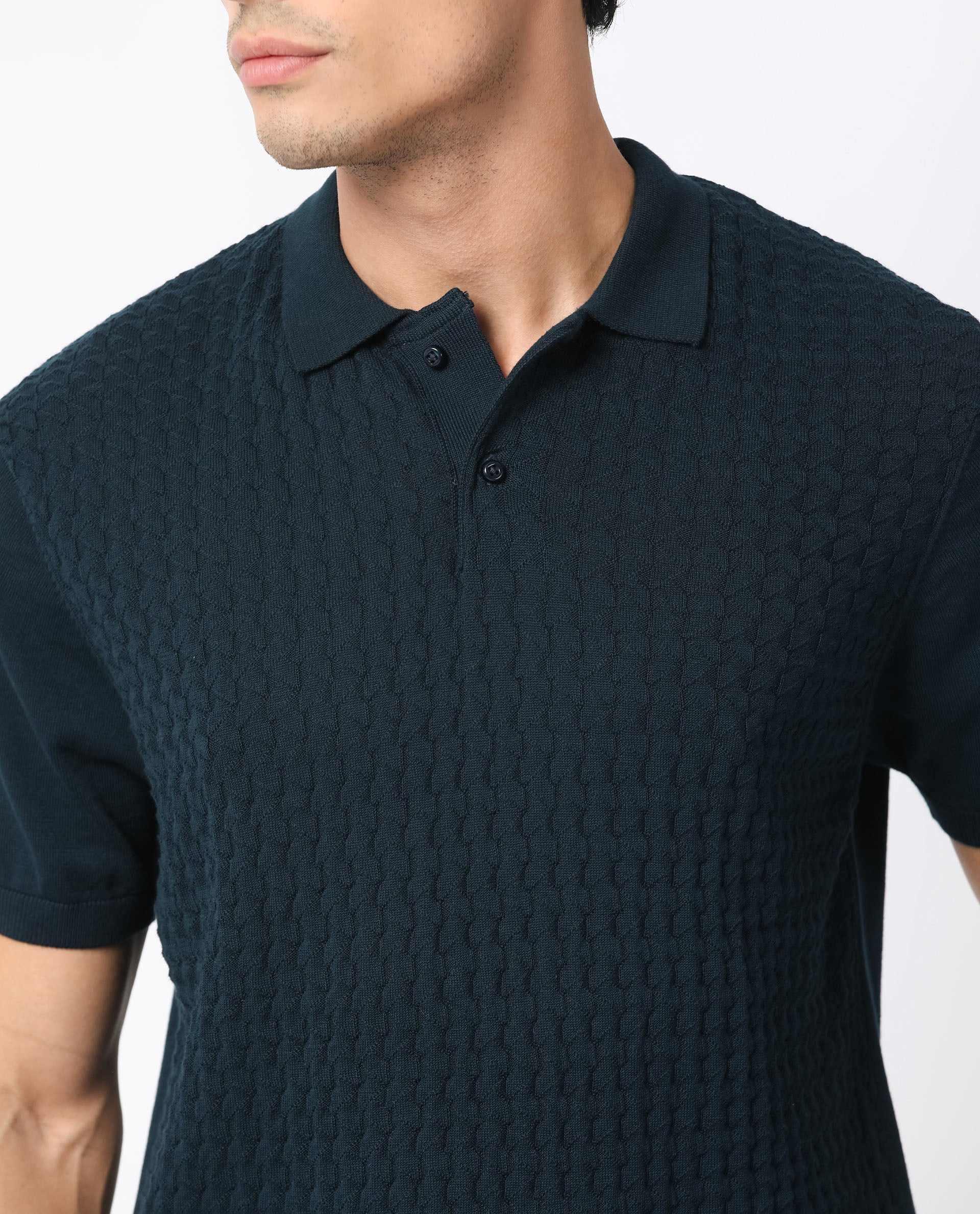 Rare Rabbit Men's Lincos Petrol Cotton Jacquard Slim Fit Half Sleeve Polo - Image 11