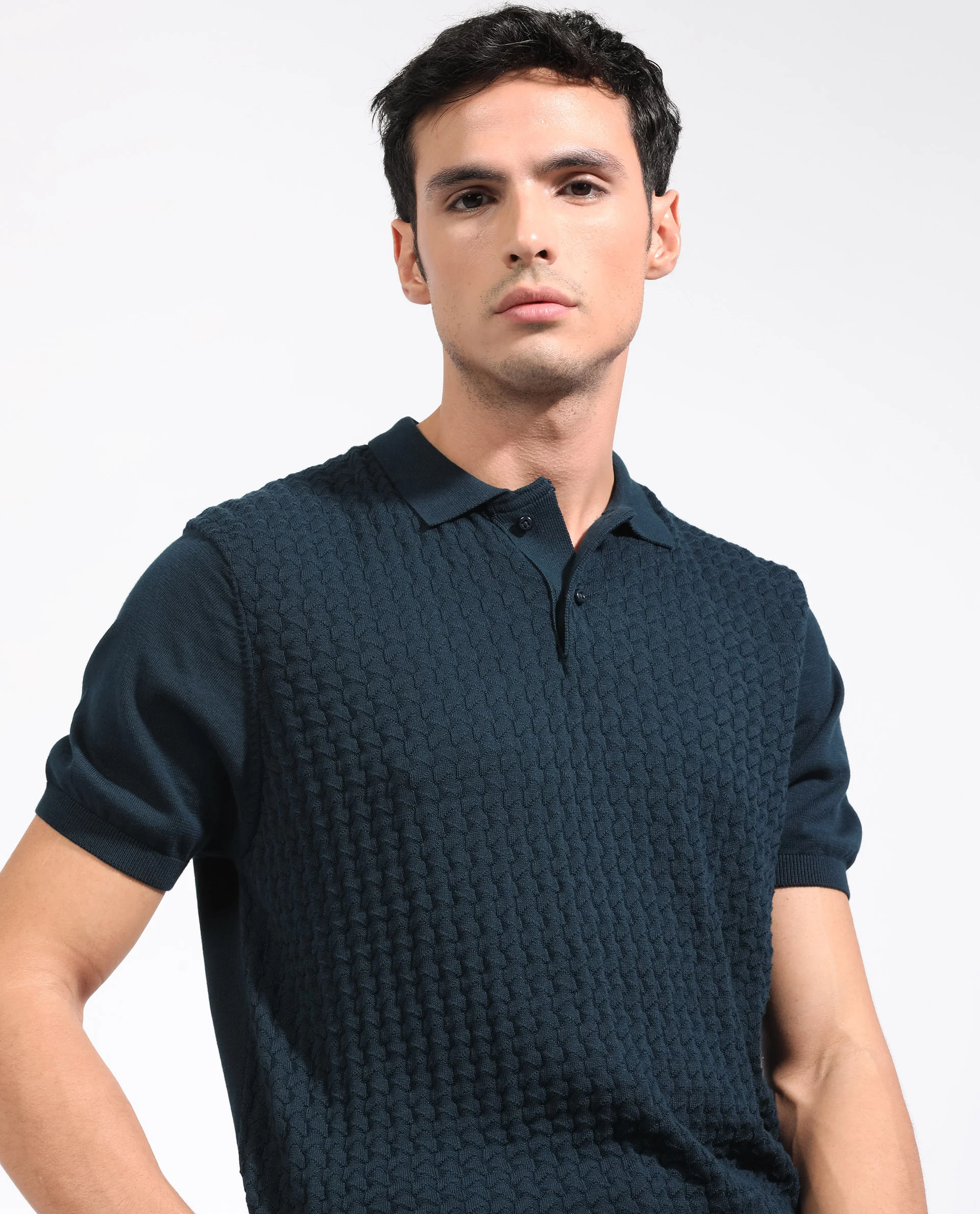 Rare Rabbit Men's Lincos Petrol Cotton Jacquard Slim Fit Half Sleeve Polo - Image 2