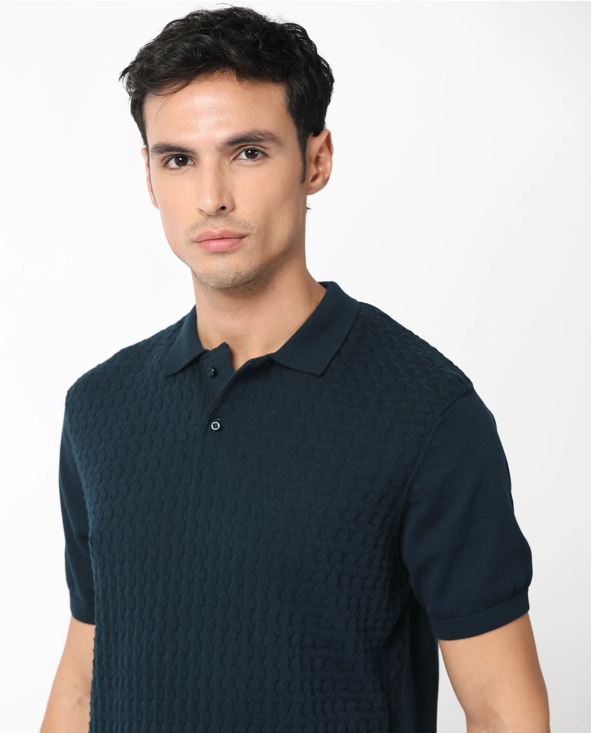Rare Rabbit Men's Lincos Petrol Cotton Jacquard Slim Fit Half Sleeve Polo - Image 3