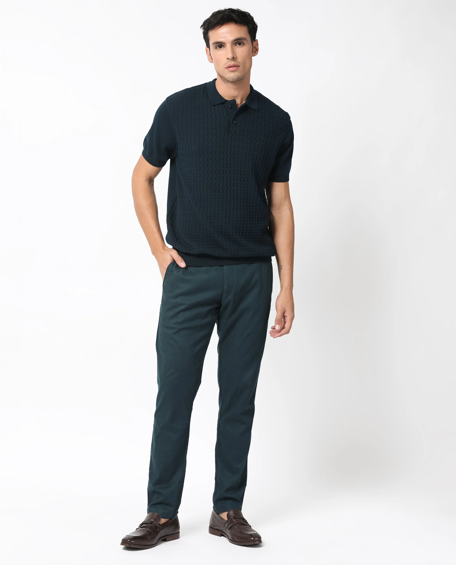 Rare Rabbit Men's Lincos Petrol Cotton Jacquard Slim Fit Half Sleeve Polo - Image 4