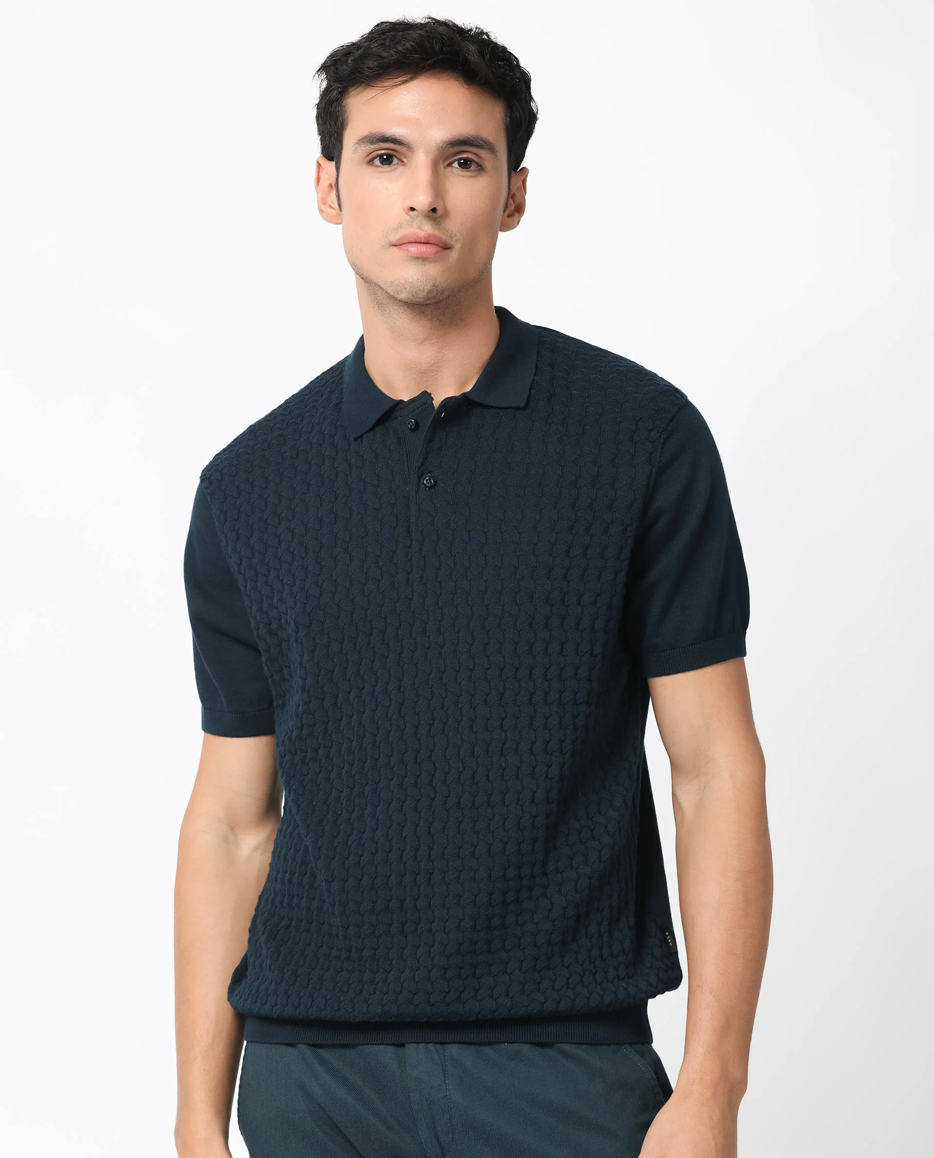 Rare Rabbit Men's Lincos Petrol Cotton Jacquard Slim Fit Half Sleeve Polo - Image 5