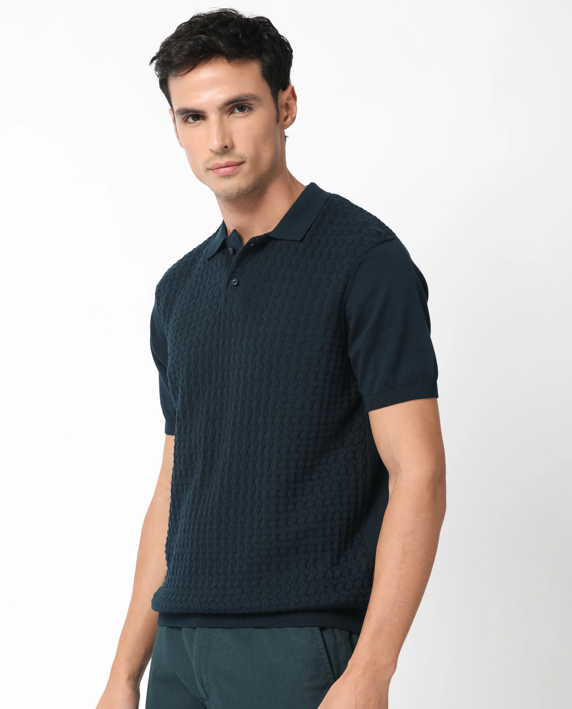Rare Rabbit Men's Lincos Petrol Cotton Jacquard Slim Fit Half Sleeve Polo - Image 6