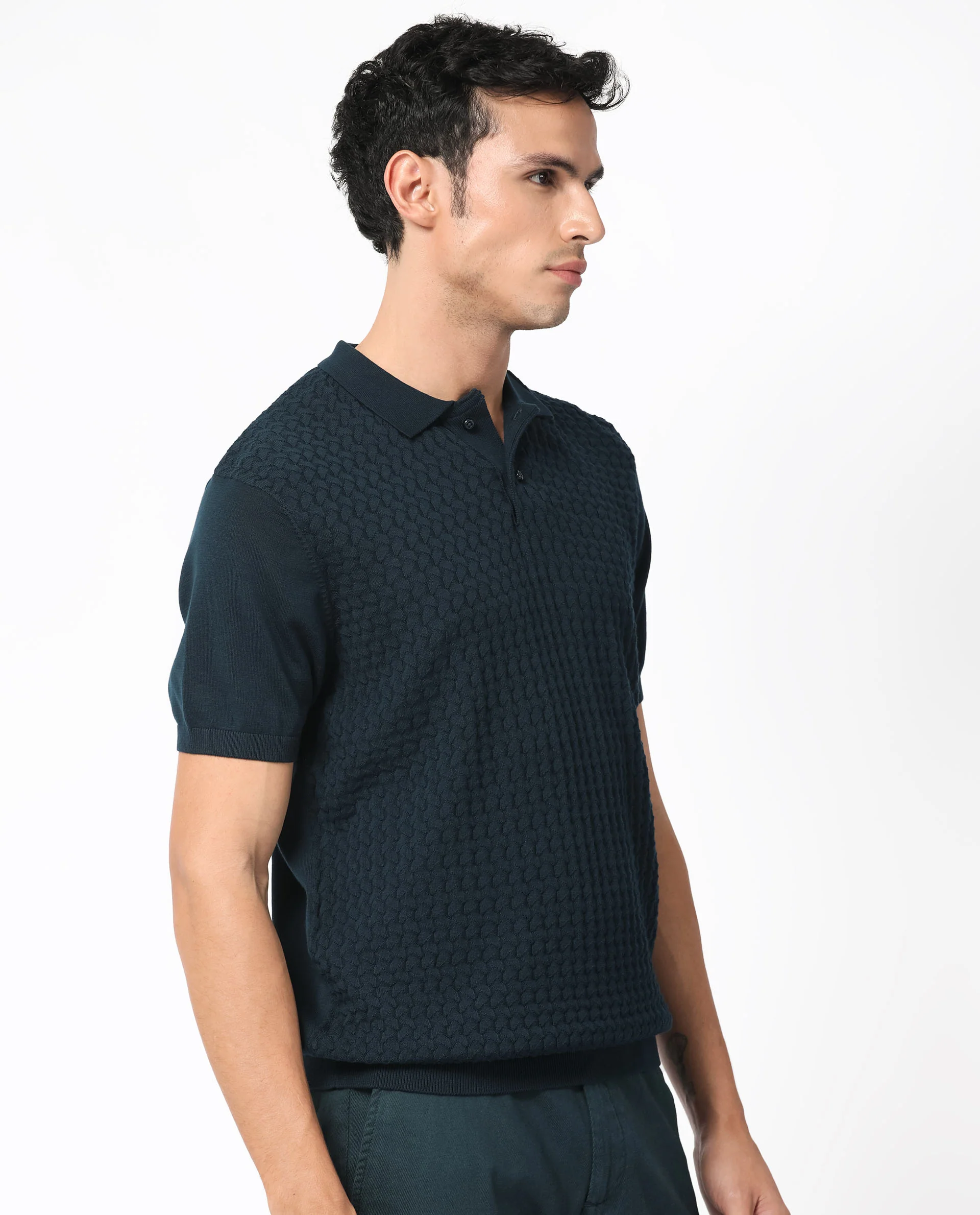 Rare Rabbit Men's Lincos Petrol Cotton Jacquard Slim Fit Half Sleeve Polo - Image 7