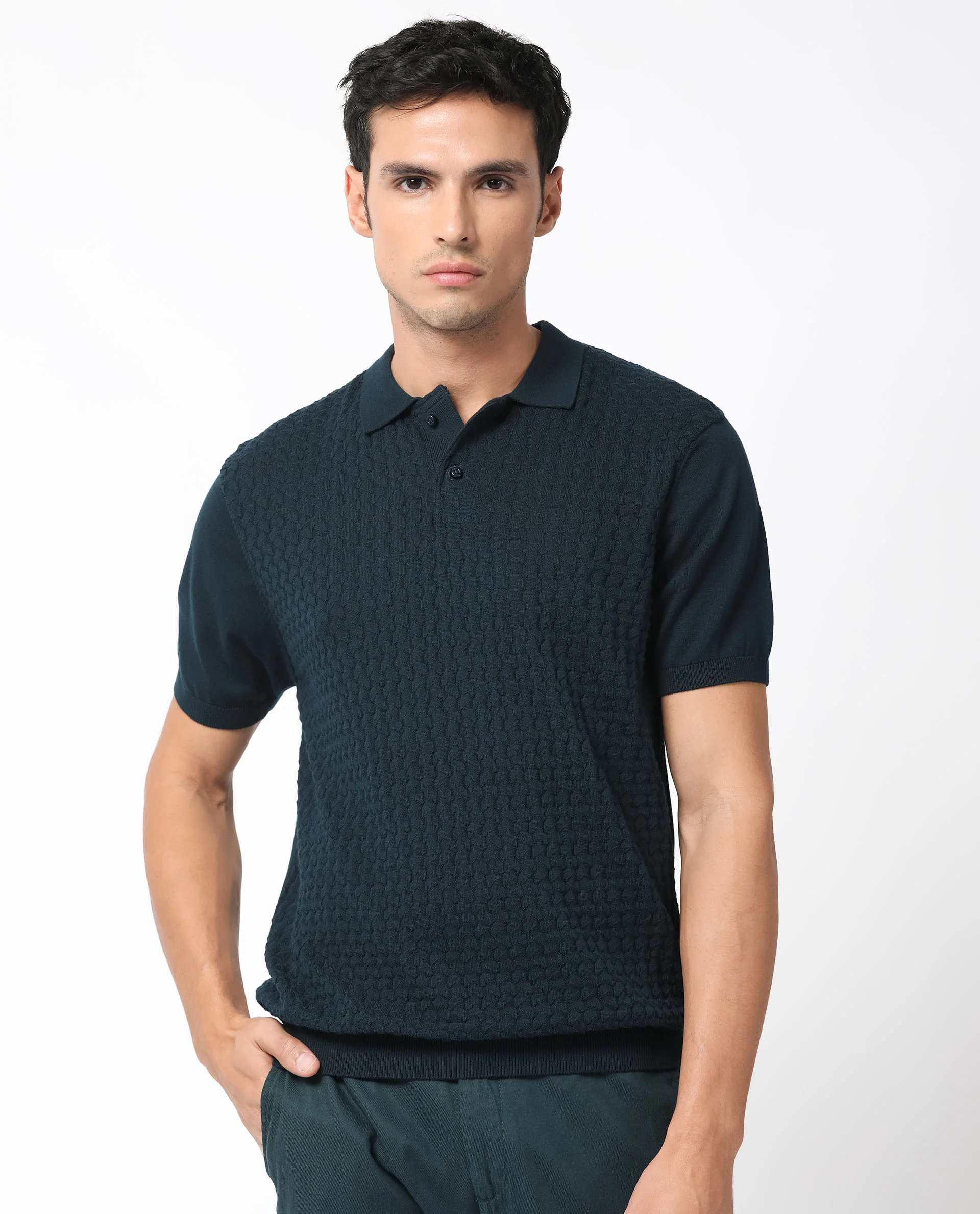 Rare Rabbit Men's Lincos Petrol Cotton Jacquard Slim Fit Half Sleeve Polo - Image 8