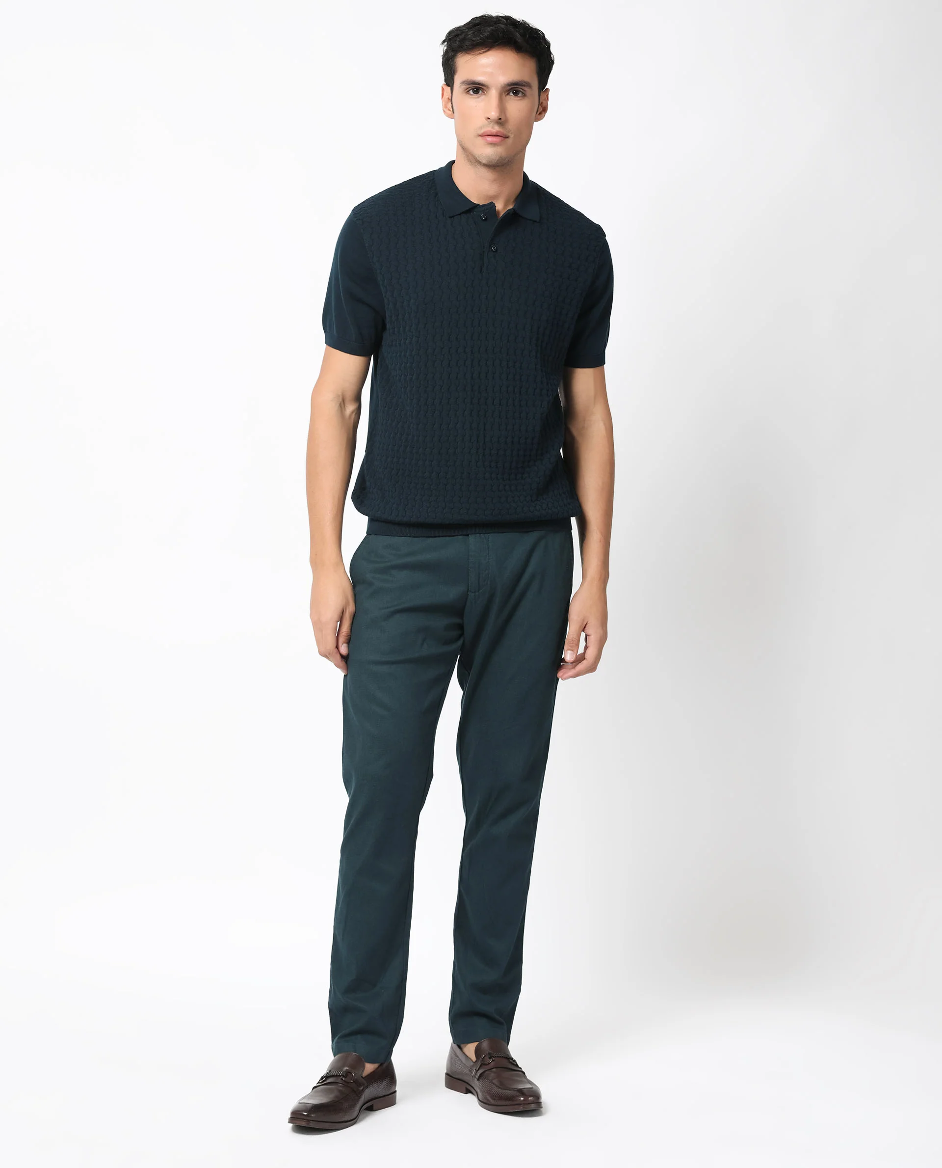 Rare Rabbit Men's Lincos Petrol Cotton Jacquard Slim Fit Half Sleeve Polo - Image 9