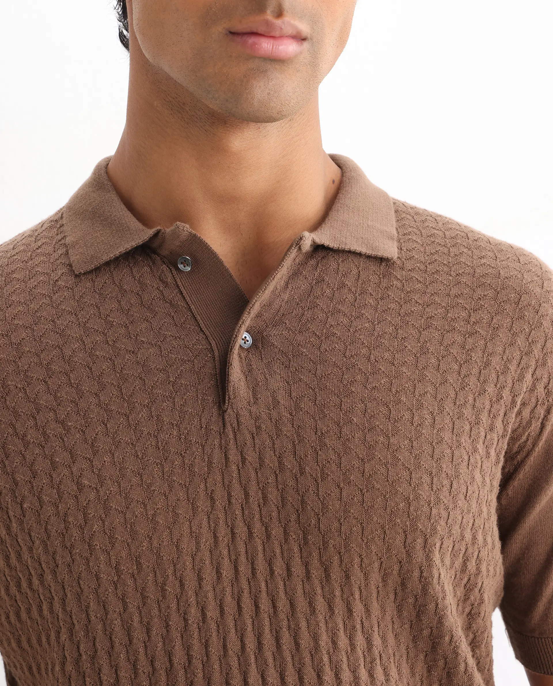Rare Rabbit Men's Lincos Brown Cotton Jacquard Slim Fit Half Sleeve Polo - Image 3