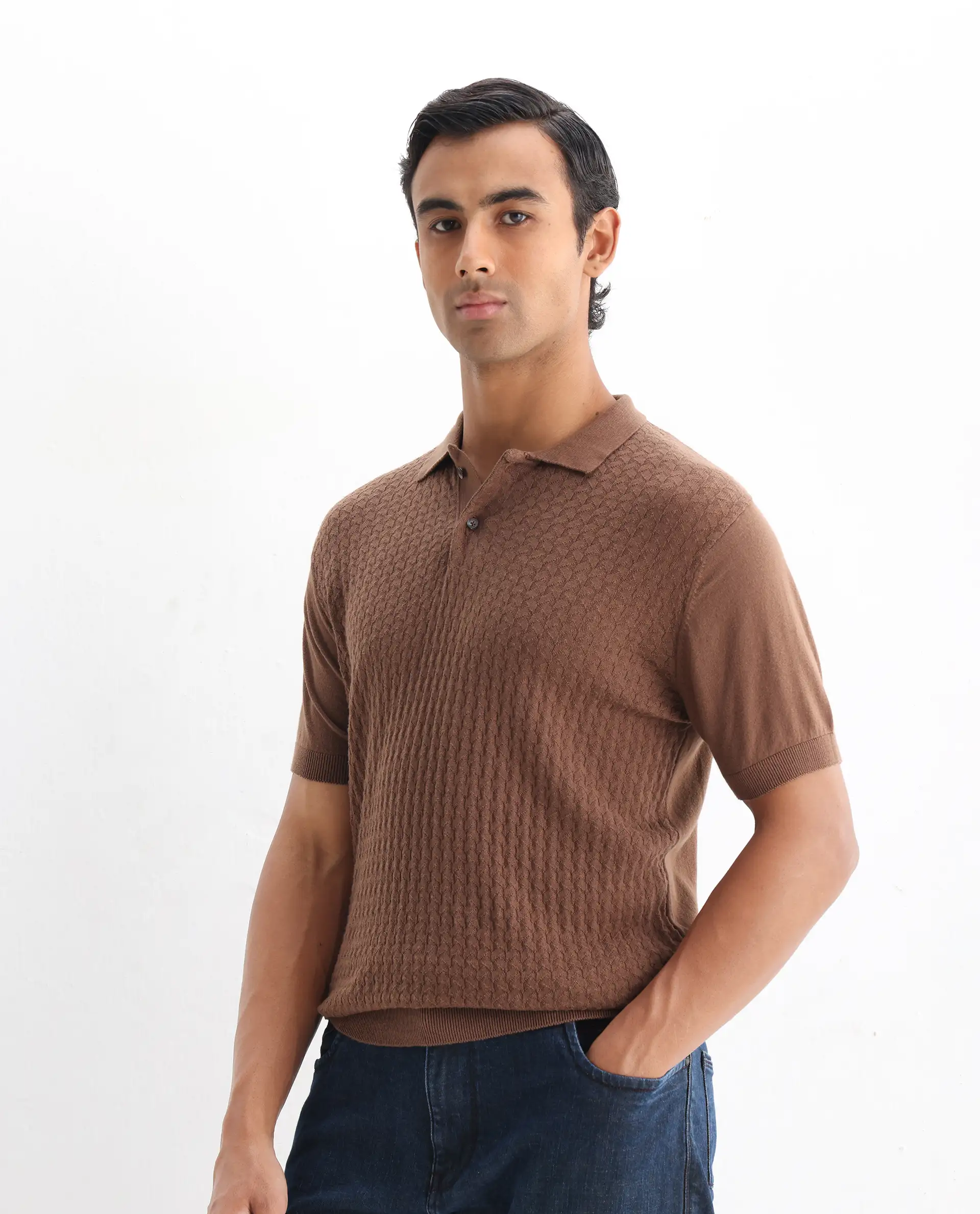 Rare Rabbit Men's Lincos Brown Cotton Jacquard Slim Fit Half Sleeve Polo - Image 4