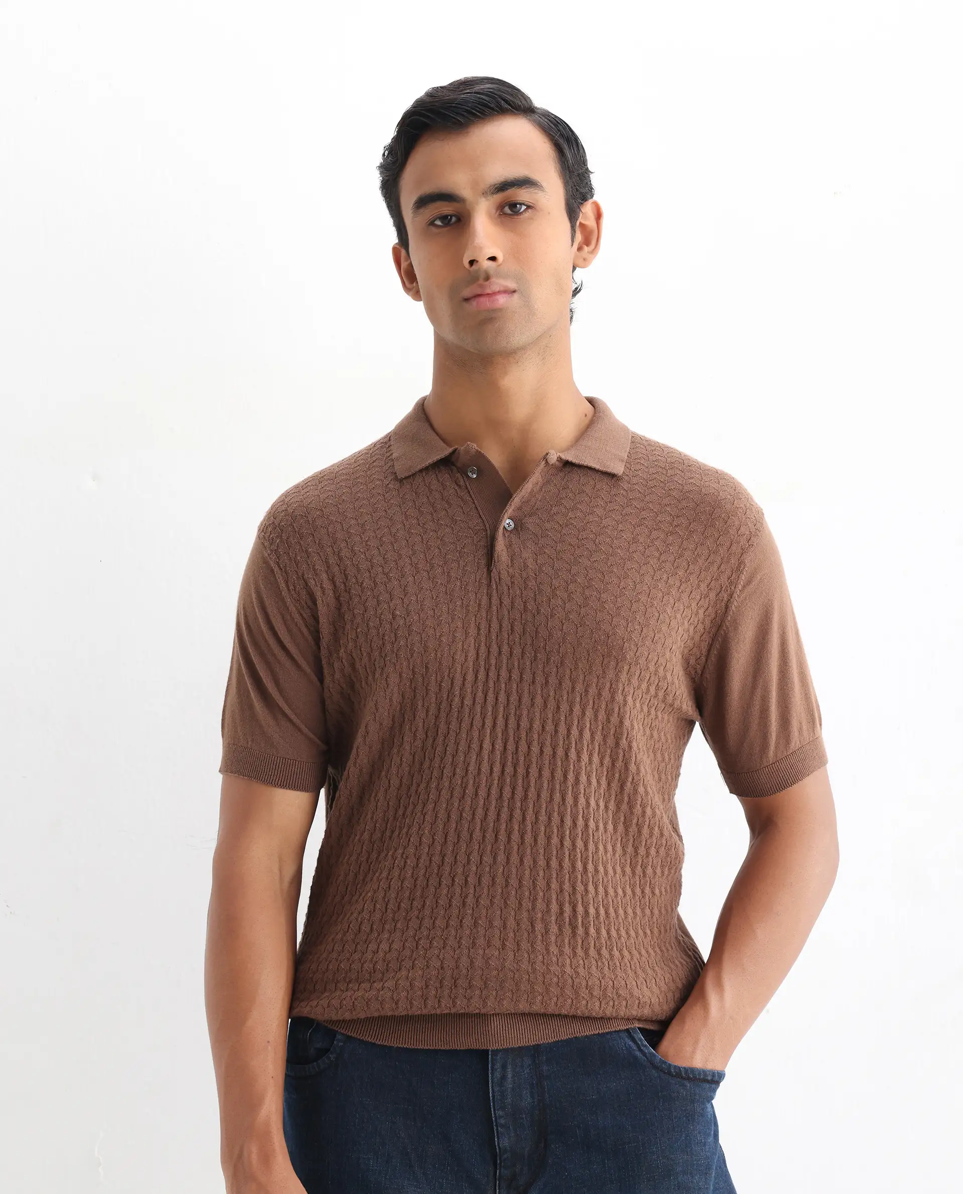 Rare Rabbit Men's Lincos Brown Cotton Jacquard Slim Fit Half Sleeve Polo - Image 6