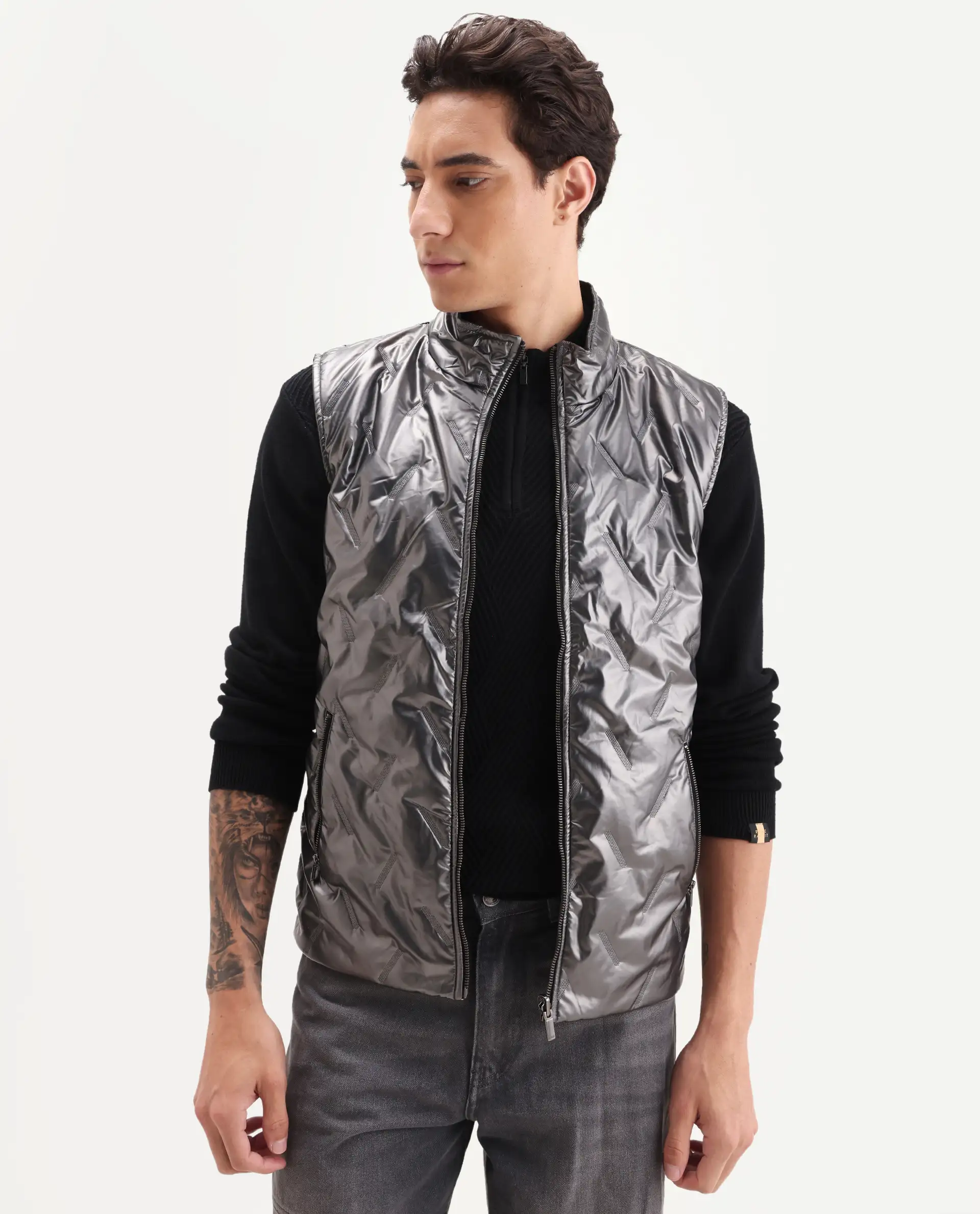 Rare Rabbit Men's Linda Metalic Silver Polyester Plain Regular Fit Sleeveless High Neck Jacket