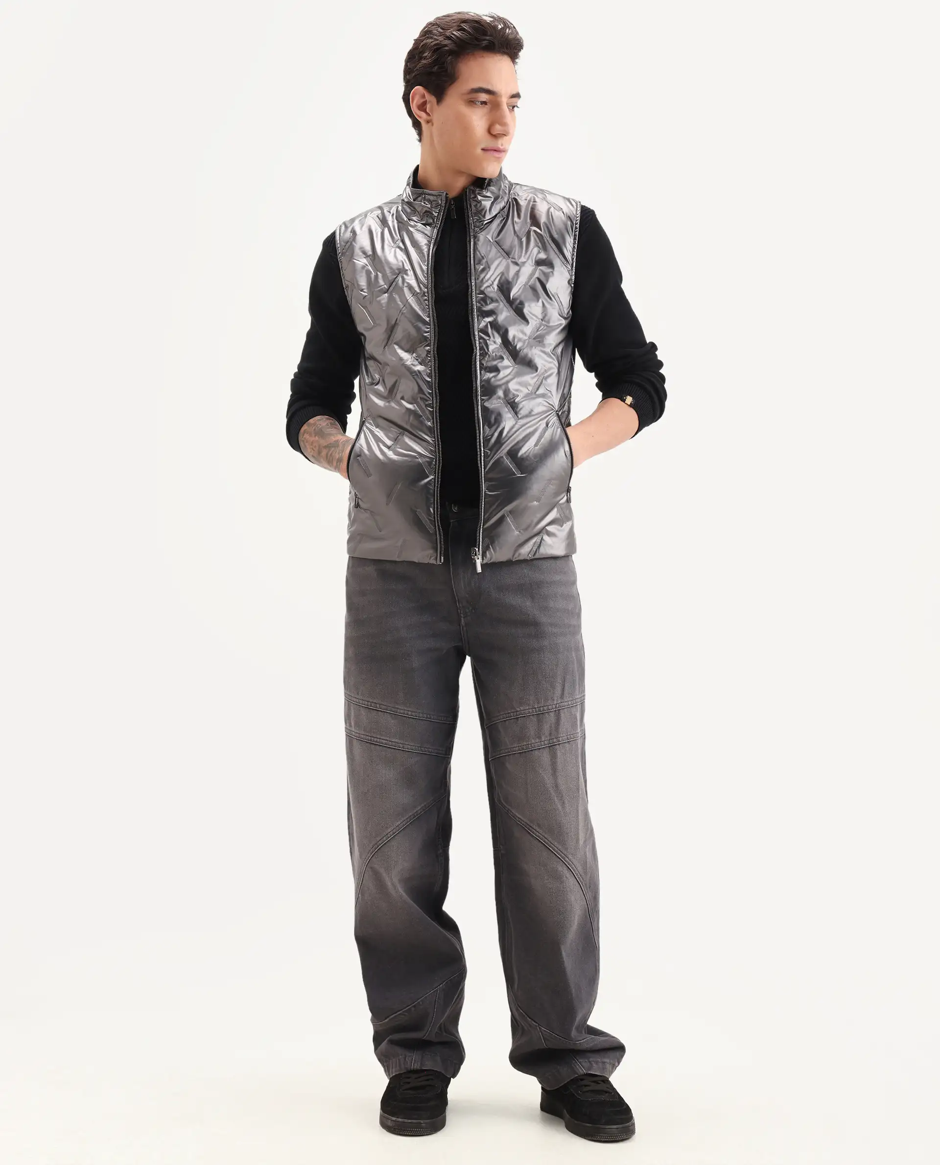 Rare Rabbit Men's Linda Metalic Silver Polyester Plain Regular Fit Sleeveless High Neck Jacket - Image 2