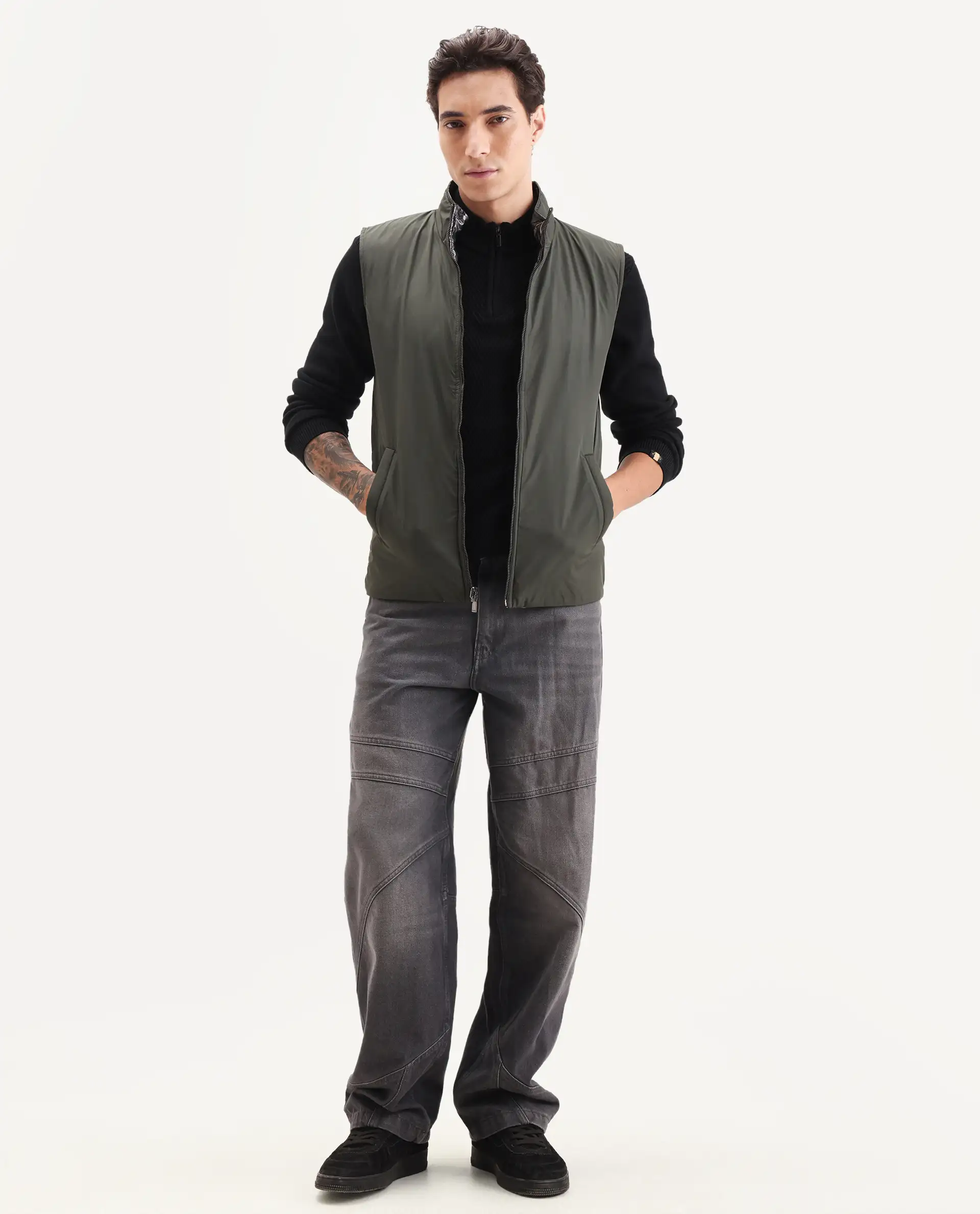 Rare Rabbit Men's Linda Metalic Silver Polyester Plain Regular Fit Sleeveless High Neck Jacket - Image 3