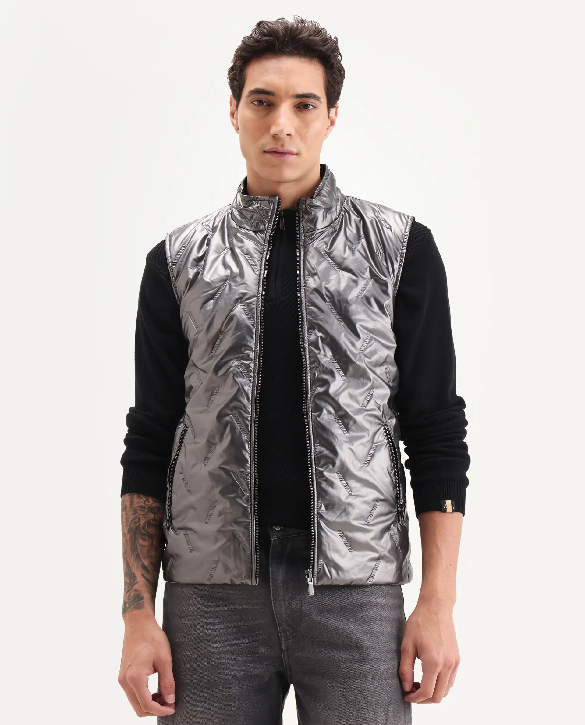 Rare Rabbit Men's Linda Metalic Silver Polyester Plain Regular Fit Sleeveless High Neck Jacket - Image 4