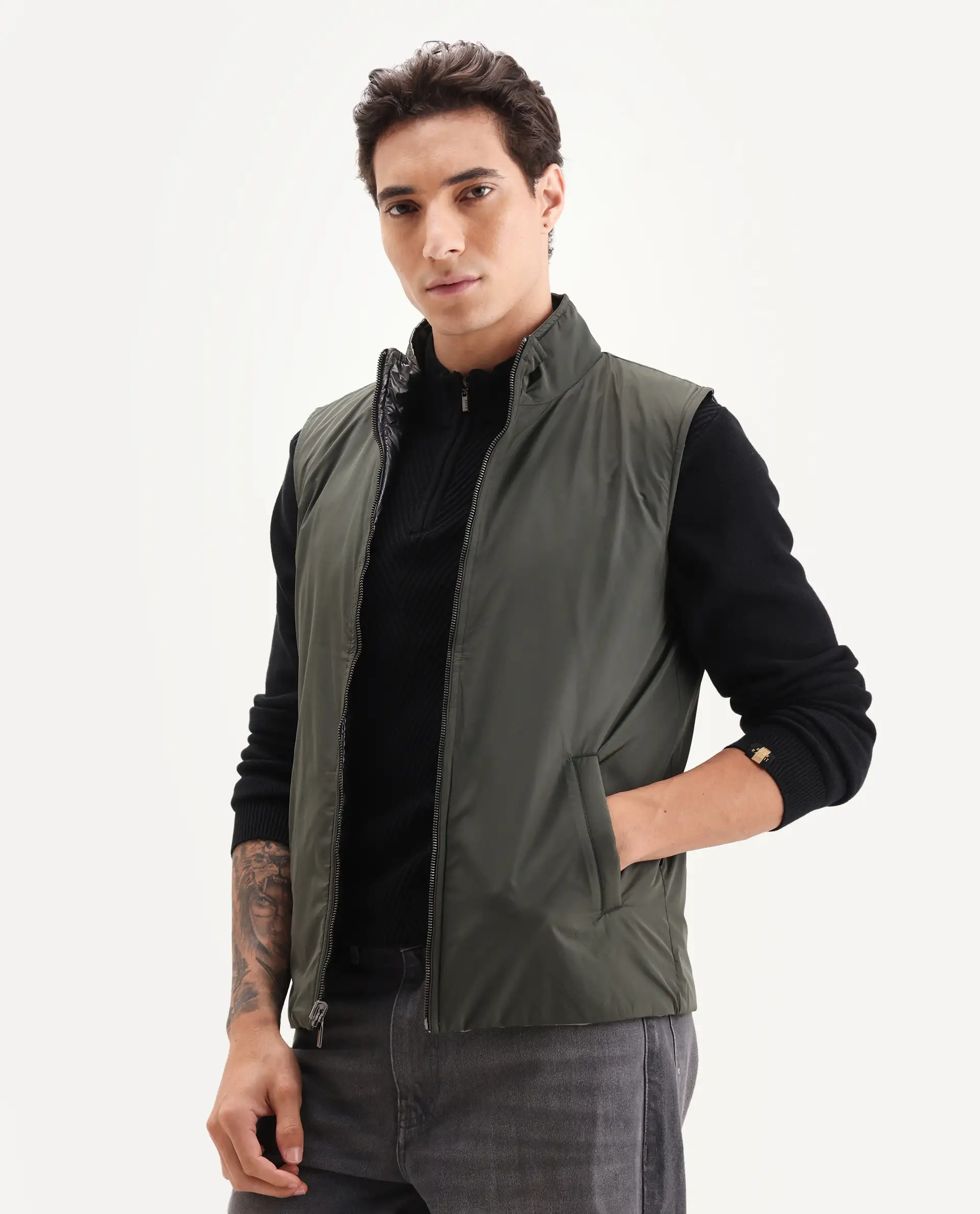 Rare Rabbit Men's Linda Metalic Silver Polyester Plain Regular Fit Sleeveless High Neck Jacket - Image 5
