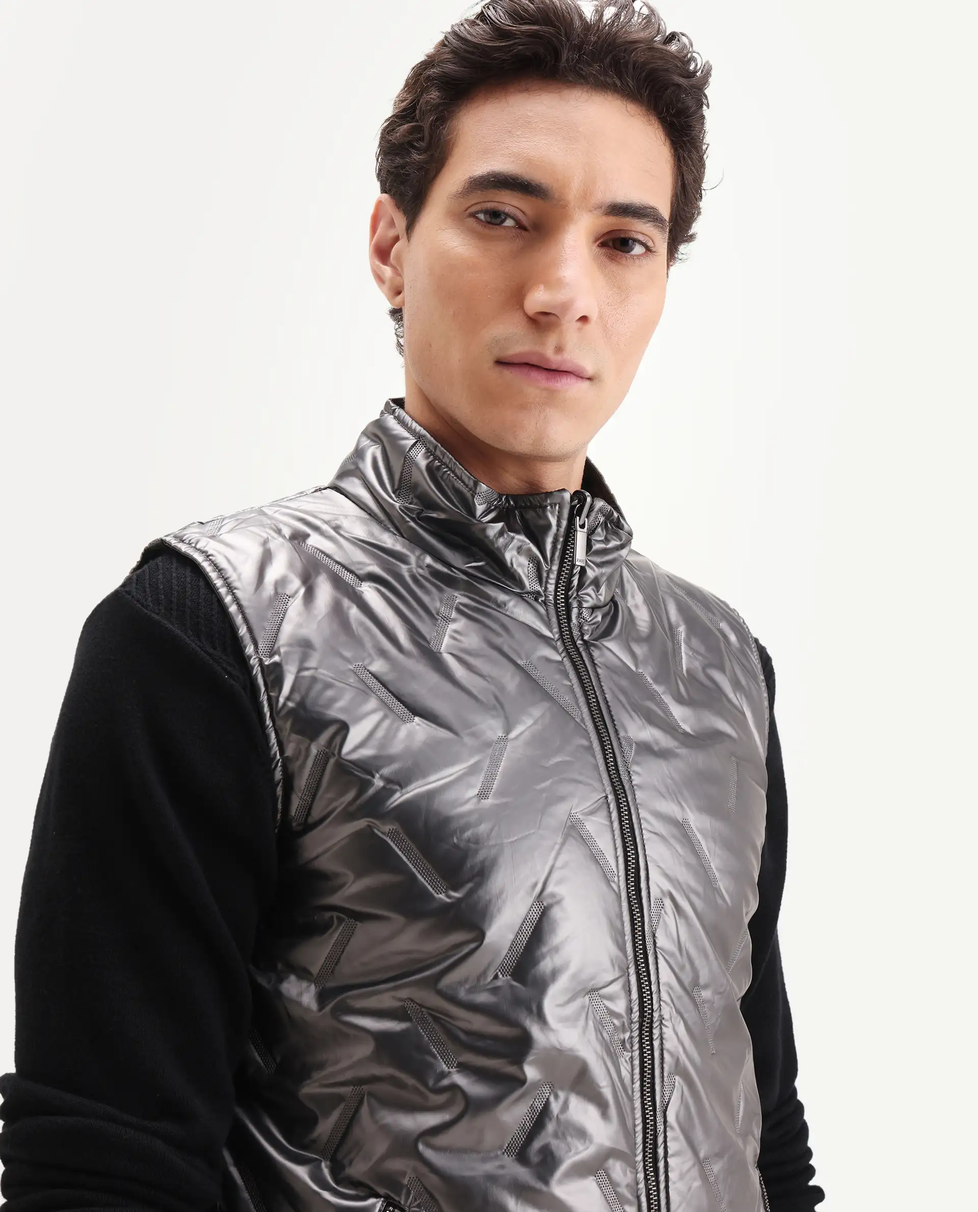 Rare Rabbit Men's Linda Metalic Silver Polyester Plain Regular Fit Sleeveless High Neck Jacket - Image 6