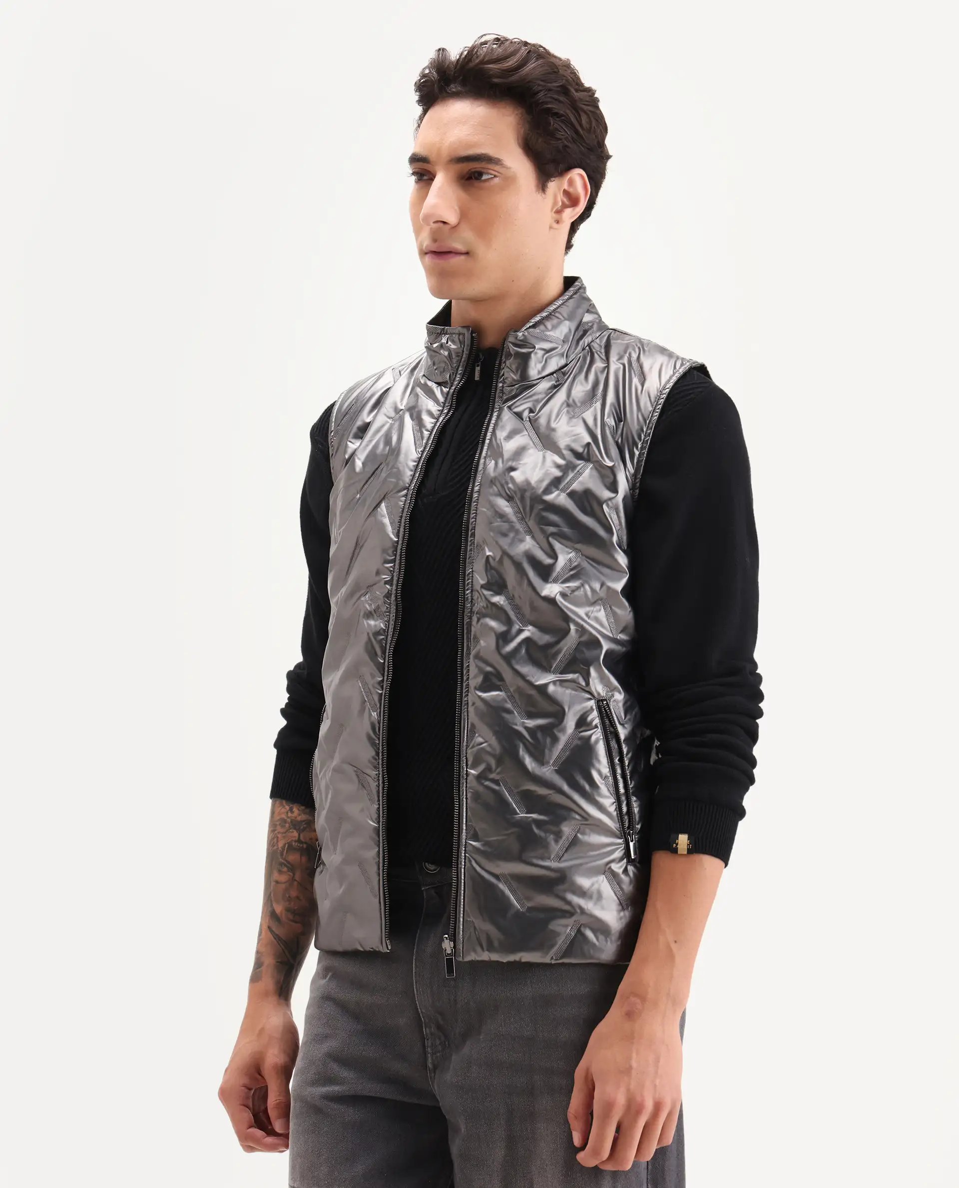 Rare Rabbit Men's Linda Metalic Silver Polyester Plain Regular Fit Sleeveless High Neck Jacket - Image 7