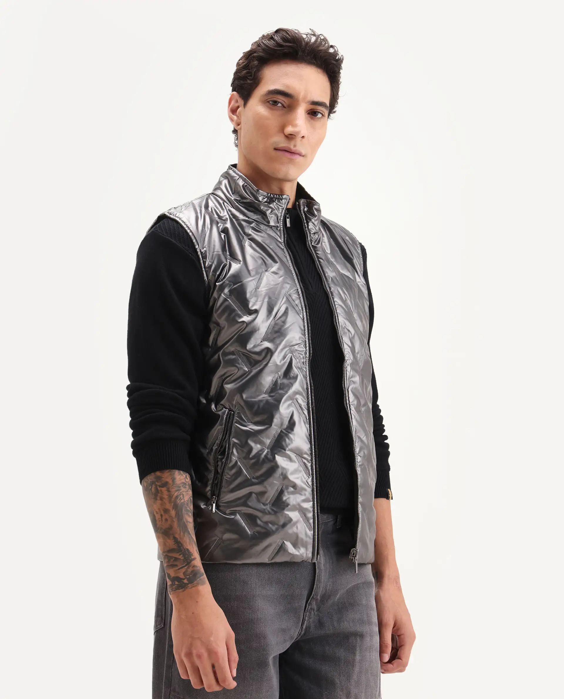 Rare Rabbit Men's Linda Metalic Silver Polyester Plain Regular Fit Sleeveless High Neck Jacket - Image 8