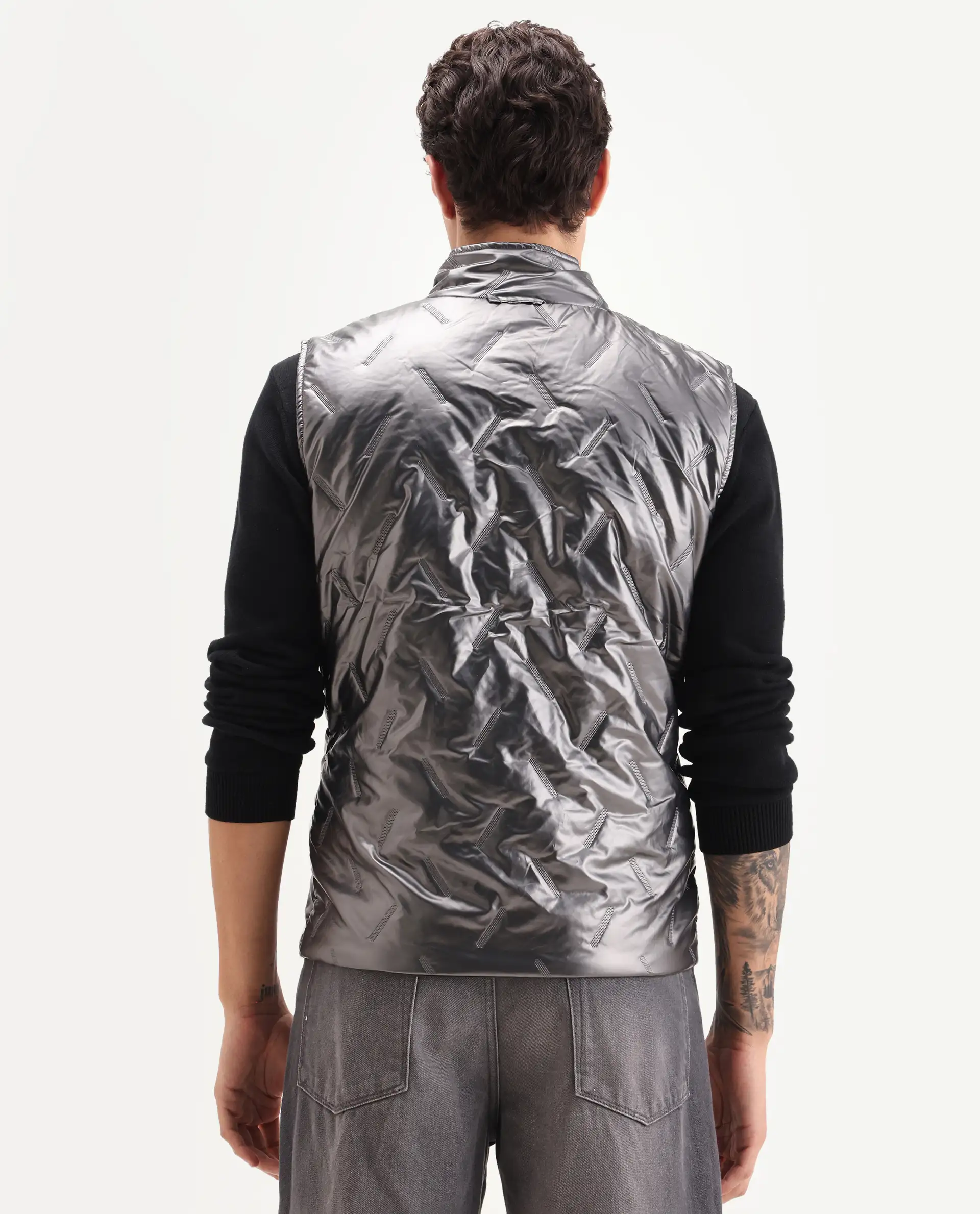 Rare Rabbit Men's Linda Metalic Silver Polyester Plain Regular Fit Sleeveless High Neck Jacket - Image 9