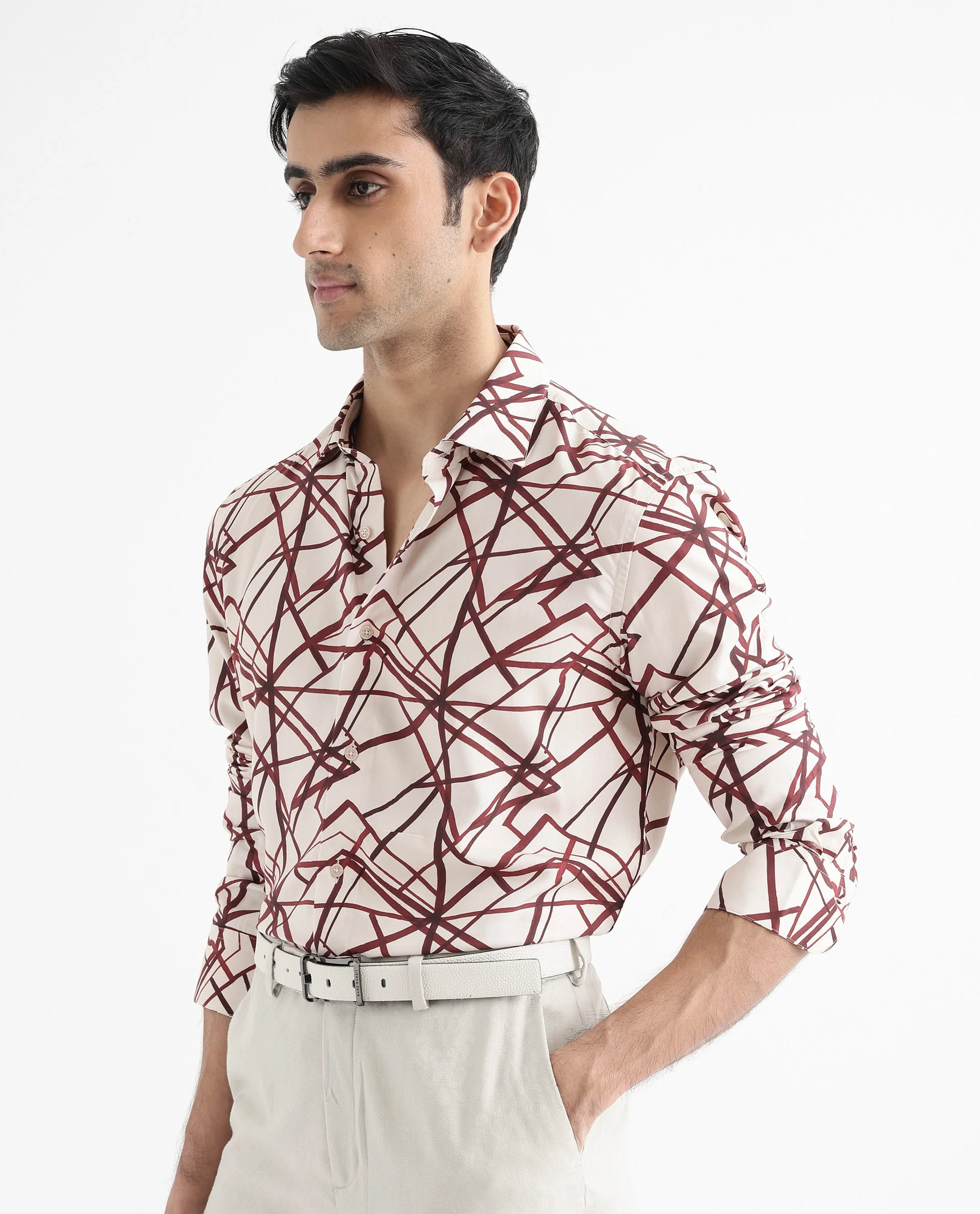 Rare Rabbit Men's Linden Beige Viscose Abstract Print Regular Fit Full Sleeve Collared Shirt - Image 3