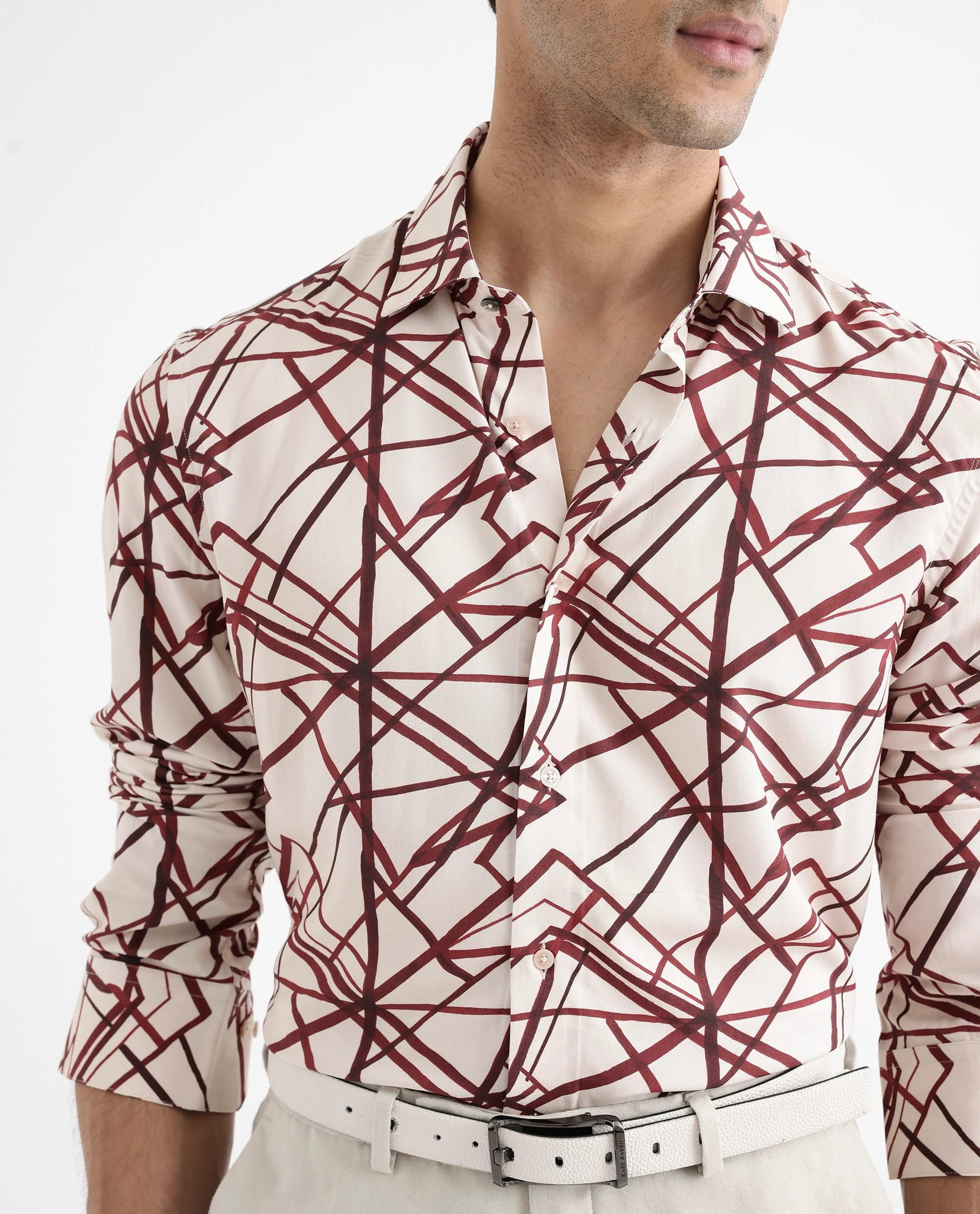 Rare Rabbit Men's Linden Beige Viscose Abstract Print Regular Fit Full Sleeve Collared Shirt - Image 4
